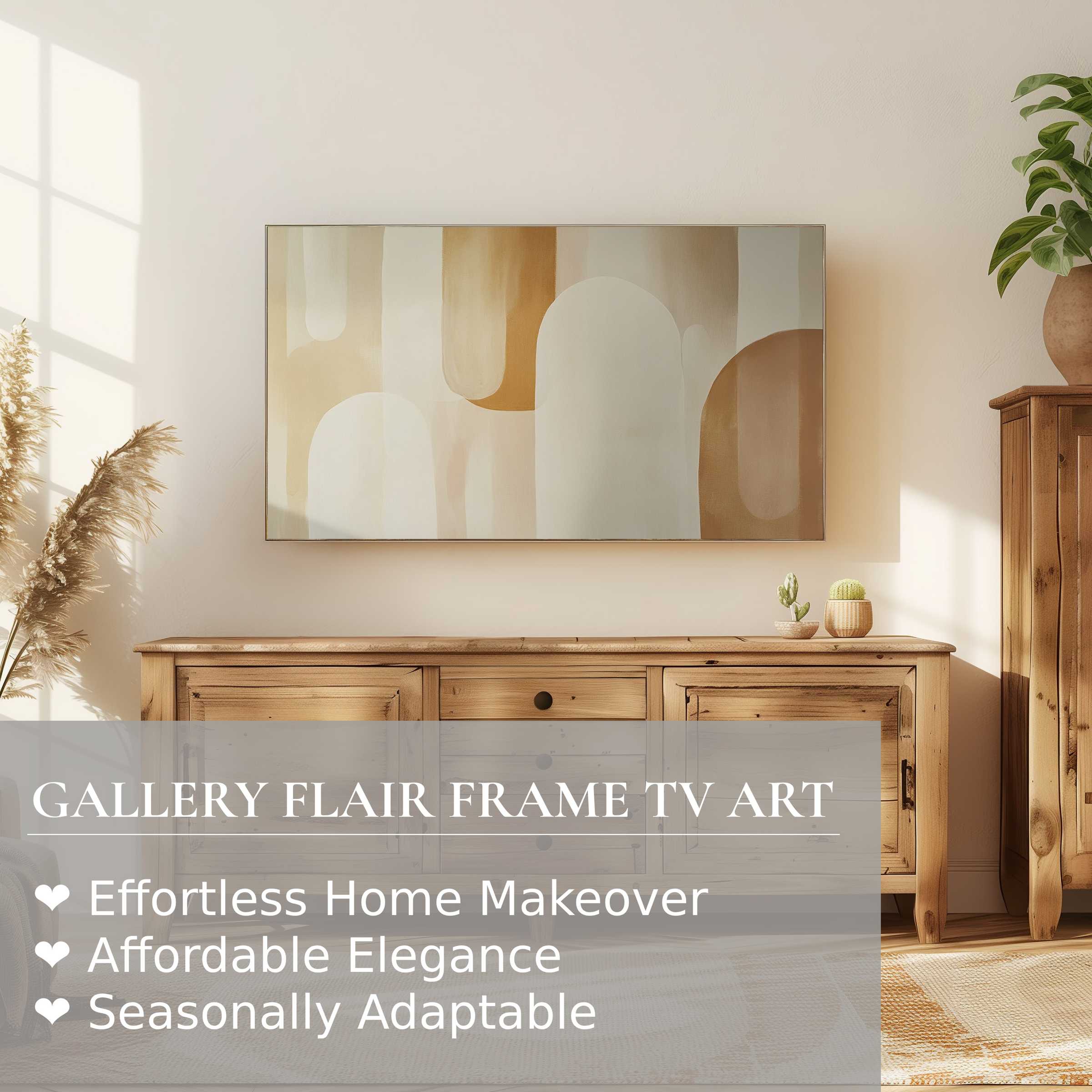 Samsung Frame TV showcases neutral digital artwork in a sunlit, minimalist room with warm wood tones and elegant decor