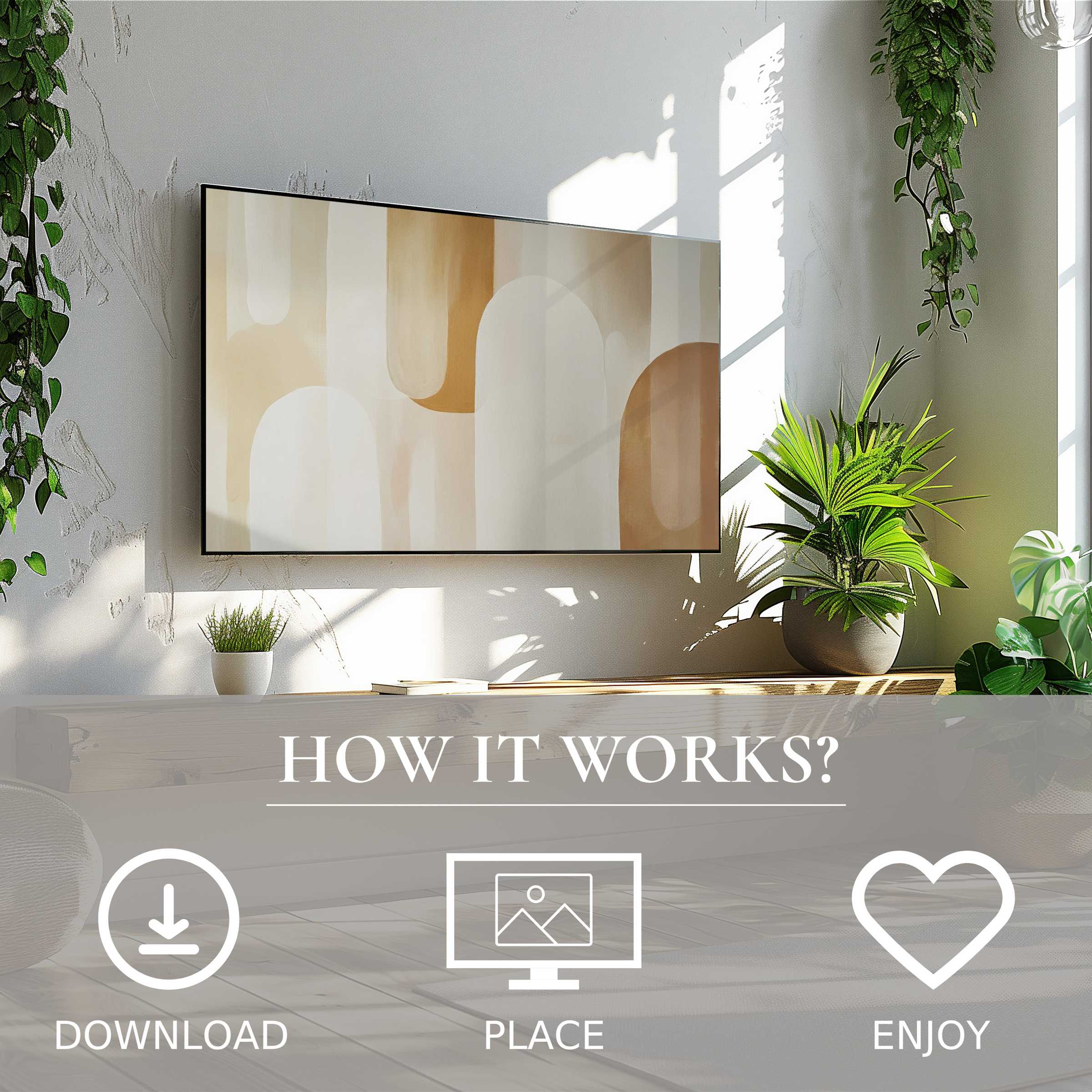 Neutral art for Samsung TV with soft beige color flow motif, easy digital download enriching modern living spaces
