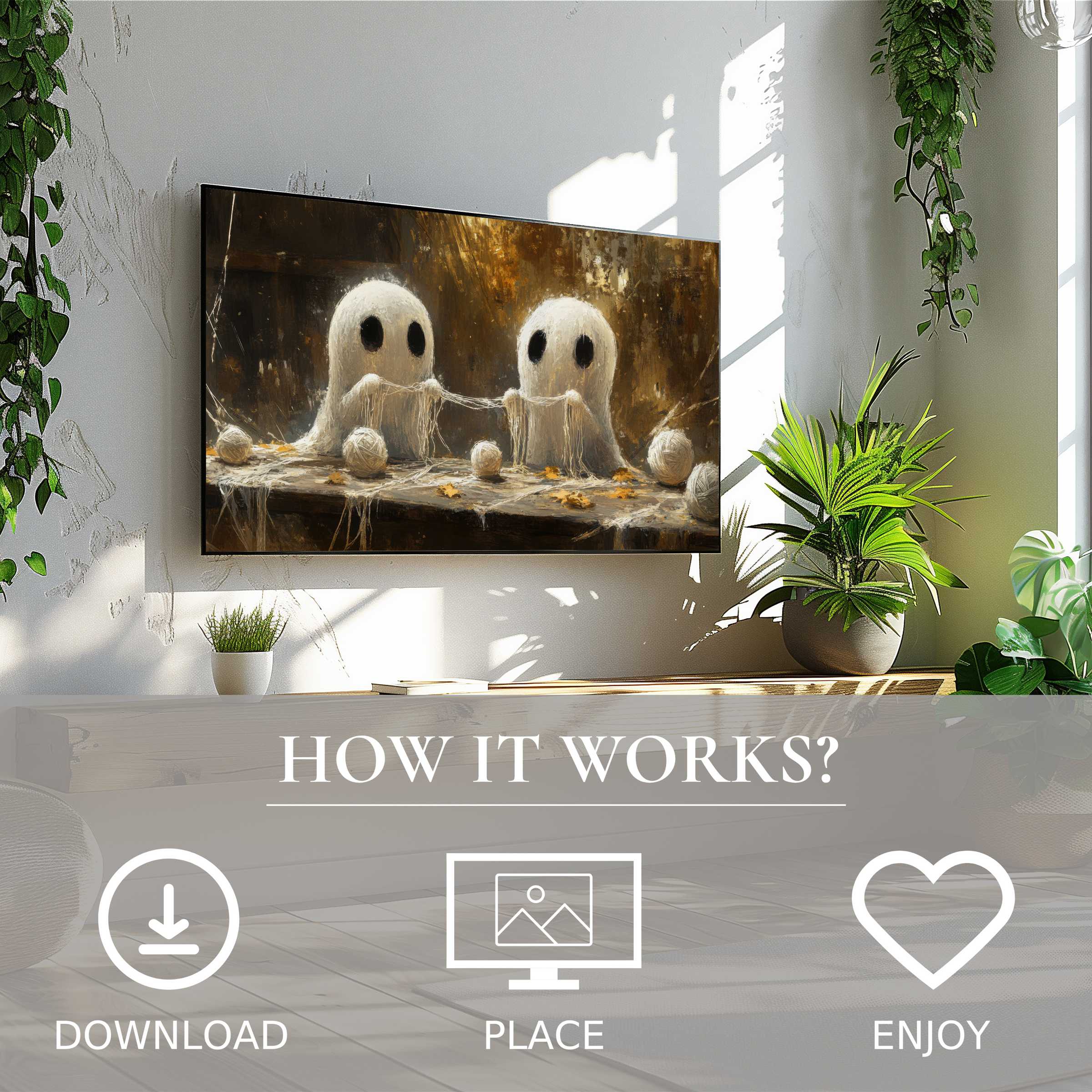 Modern living room with easy digital download halloween art for Samsung TV showing playful ghost motif in warm autumn hues