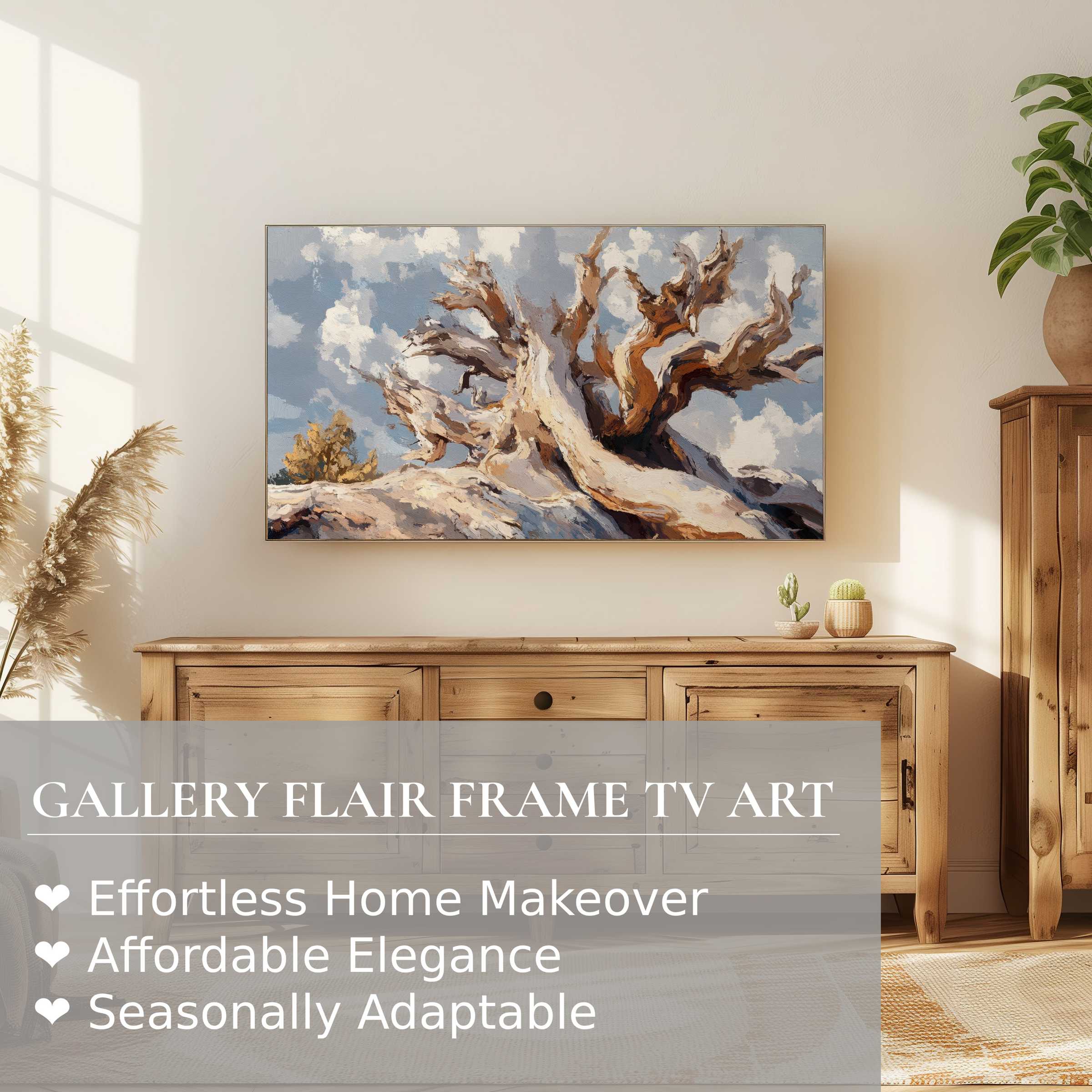 Modern living room featuring Samsung Frame TV displaying textured tree digital artwork, blending nature with refined decor
