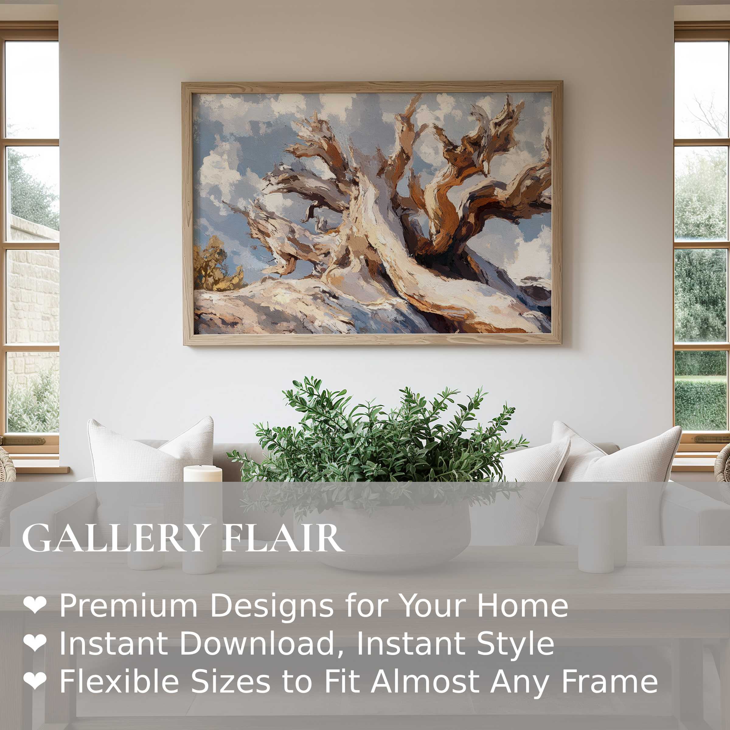 Radiant tree wall art print with textured brushstrokes, infusing serene modern living spaces with natural warmth and organic elegance