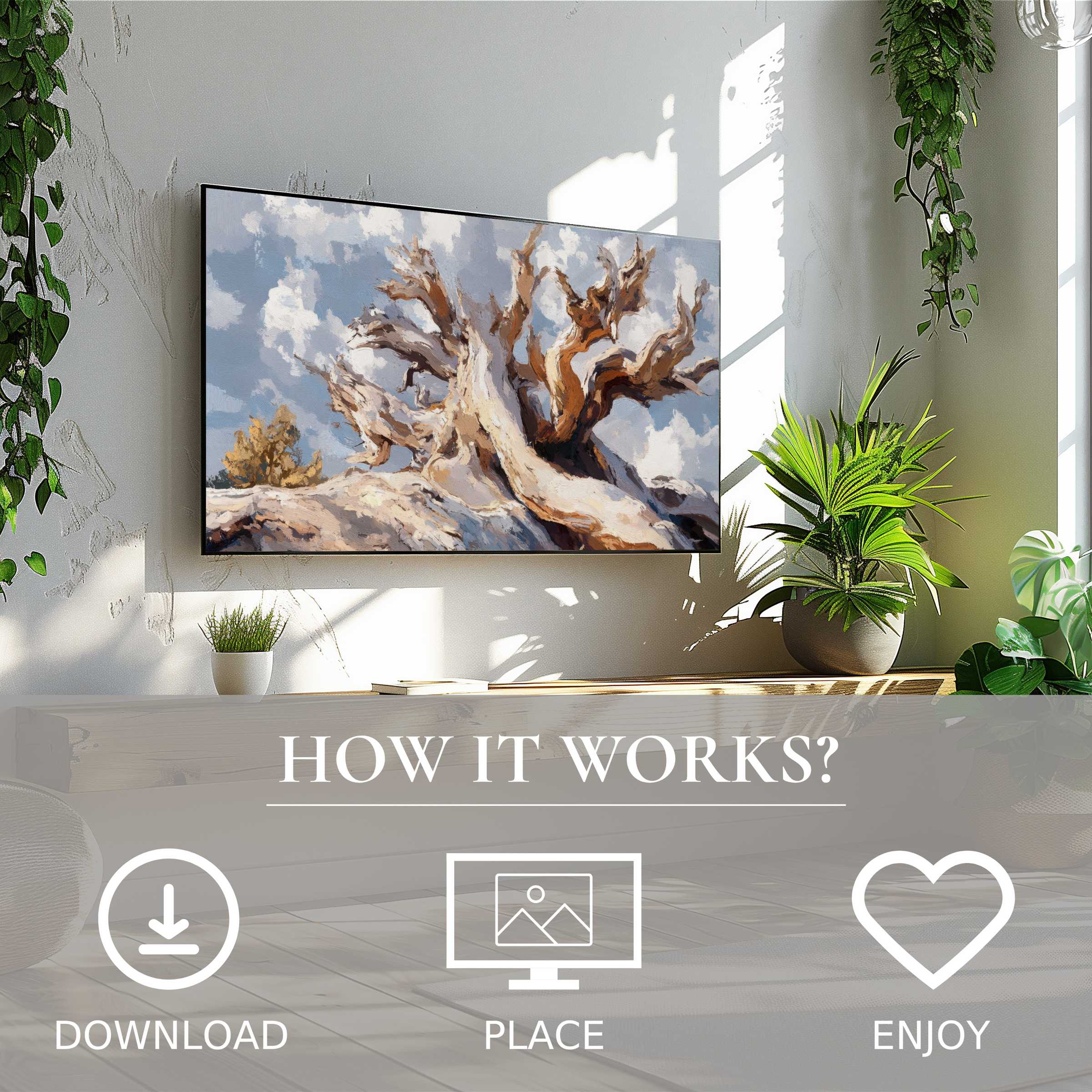 Tree art for Samsung TV shows warm, twisted branches in soft sunset tones; easy digital download enriches modern spaces