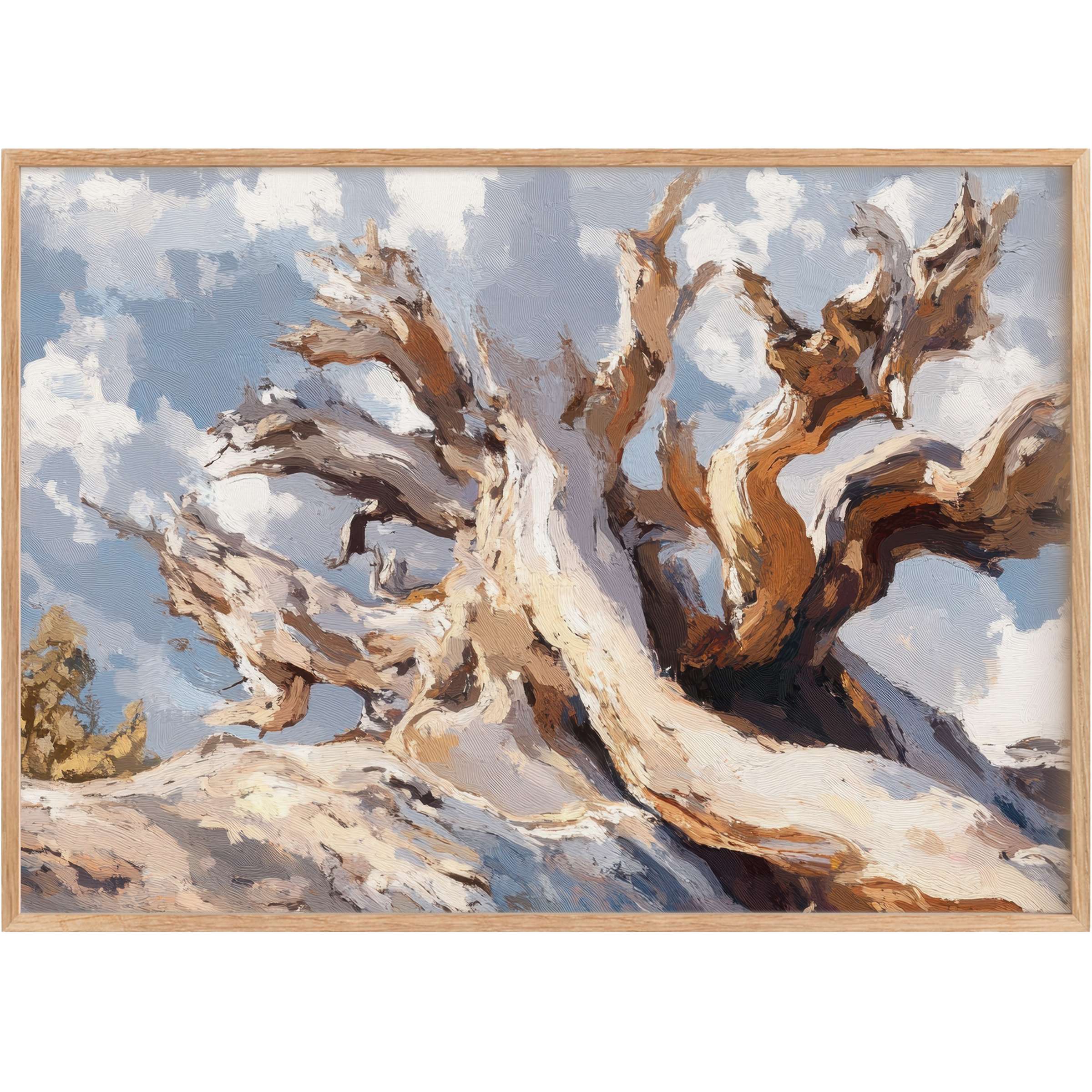 Majestic tree printable wall art capturing sunlit, weathered branches against soft blue skies, evoking timeless serenity and earthy elegance