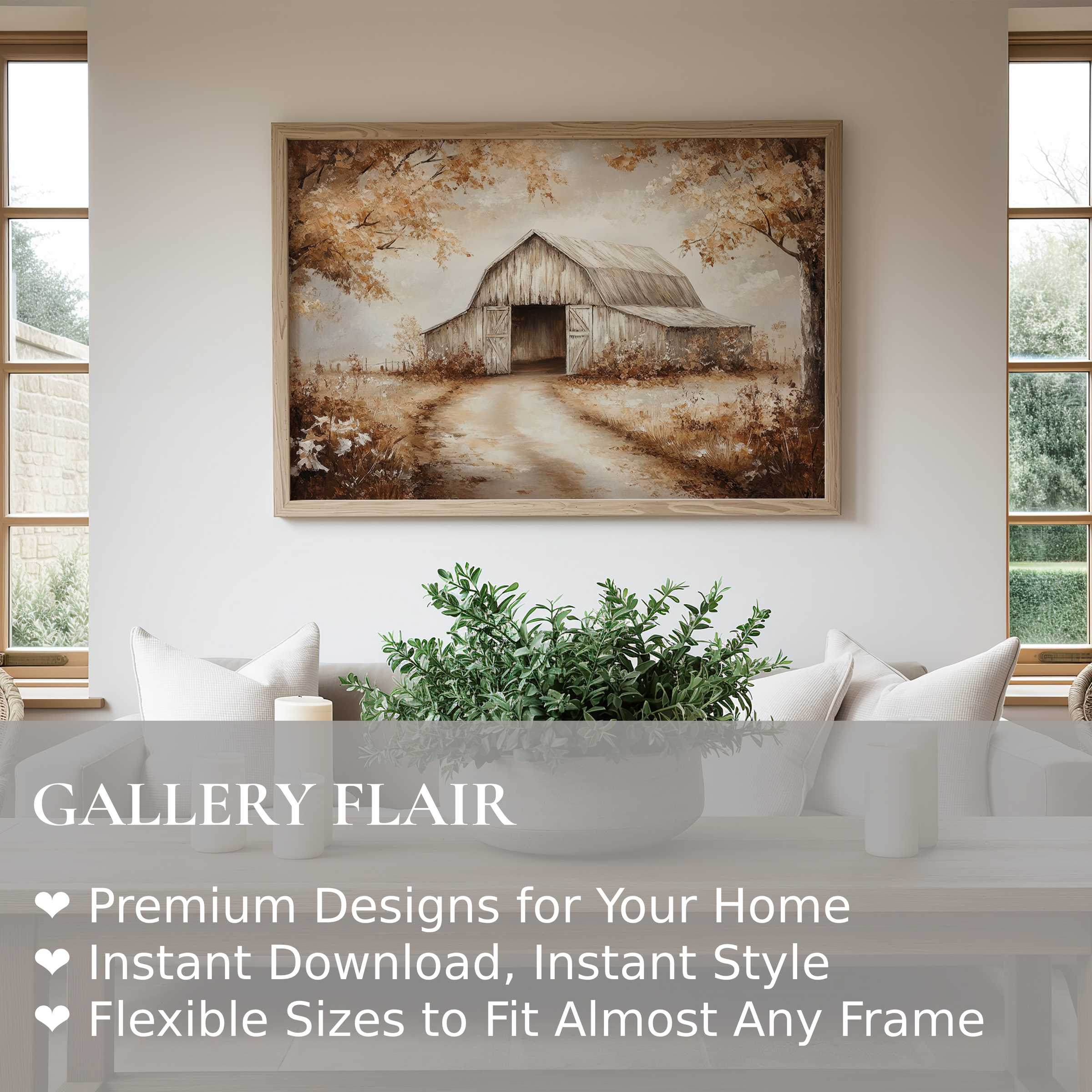 Fall wall art print featuring a serene rustic barn scene in warm earth tones, enhancing cozy modern farmhouse interiors with timeless charm
