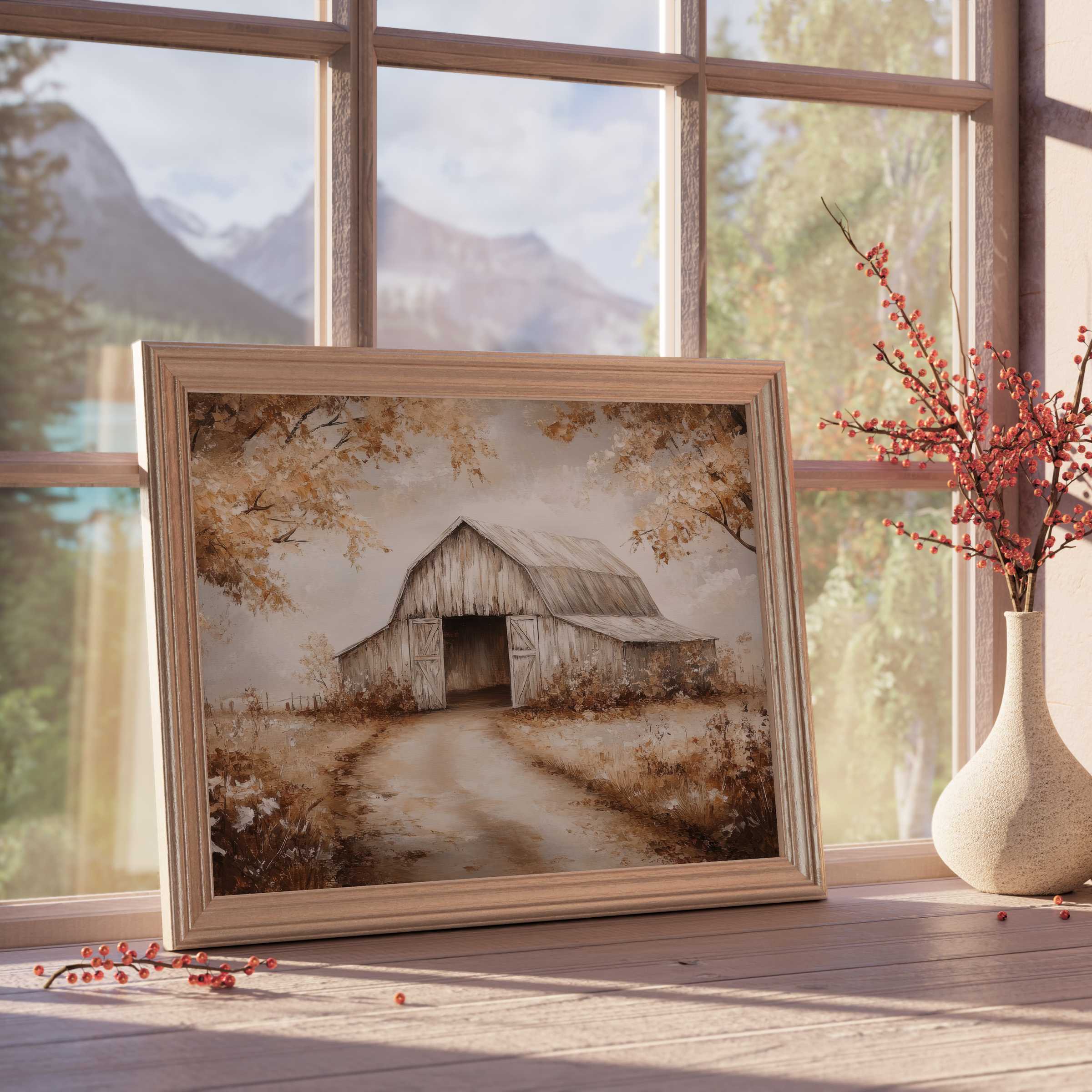Fall downloadable art of a rustic barn framed in warm neutrals, infusing serene autumn charm into curated, elegant interiors