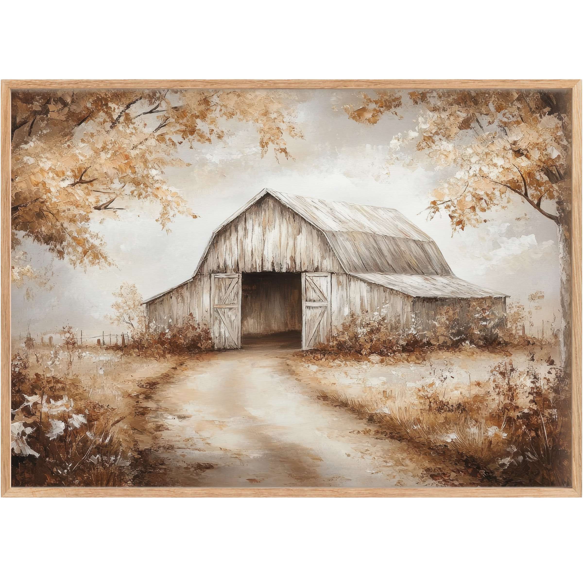 Rustic fall printable wall art featuring a weathered barn framed by amber foliage, evoking warm, nostalgic serenity