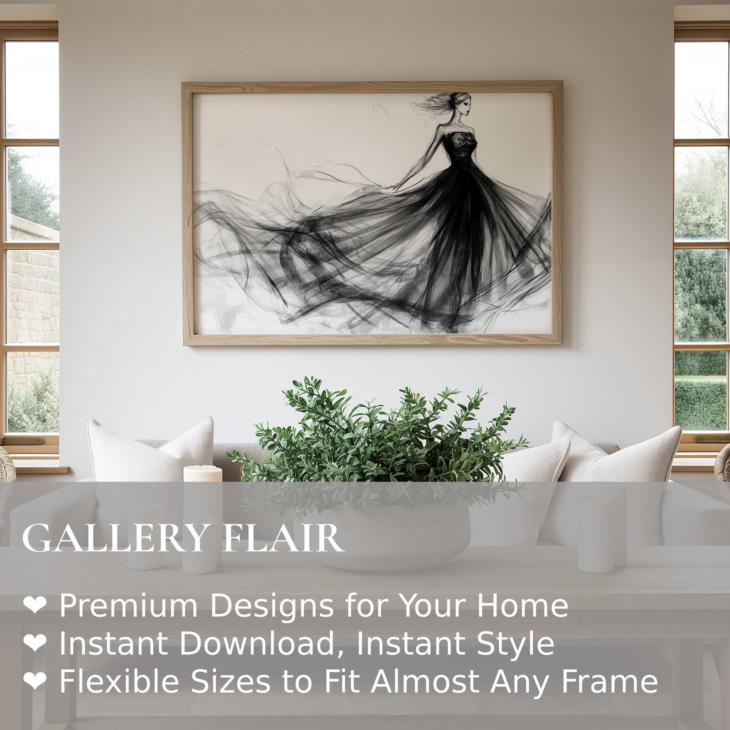Black and white wall art print of an elegant flowing gown sketch, adding bold, sophisticated charm to modern minimalist interiors