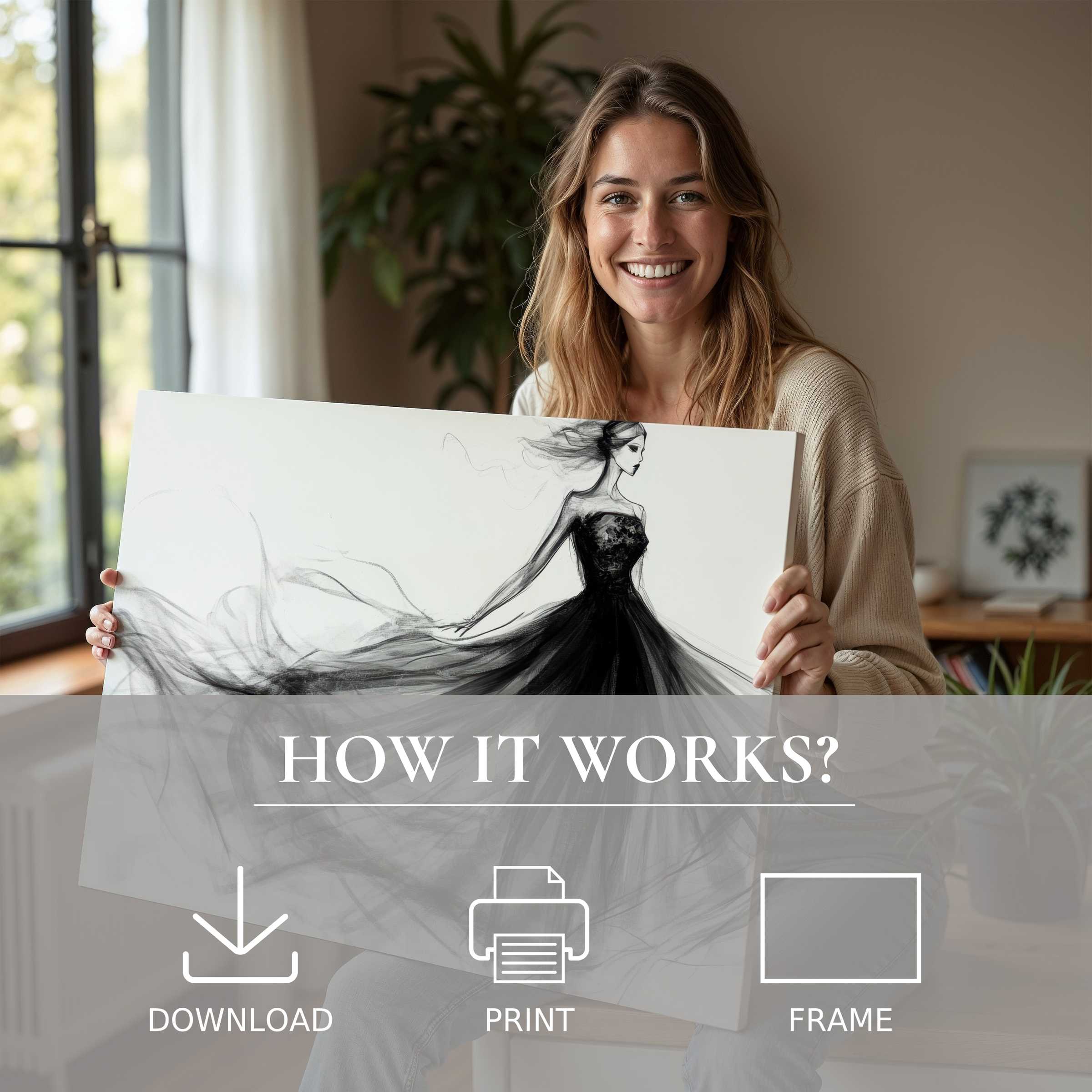 Radiating joy and connection, this black and white digital art print transforms modern homes with elegant simplicity and timeless grace