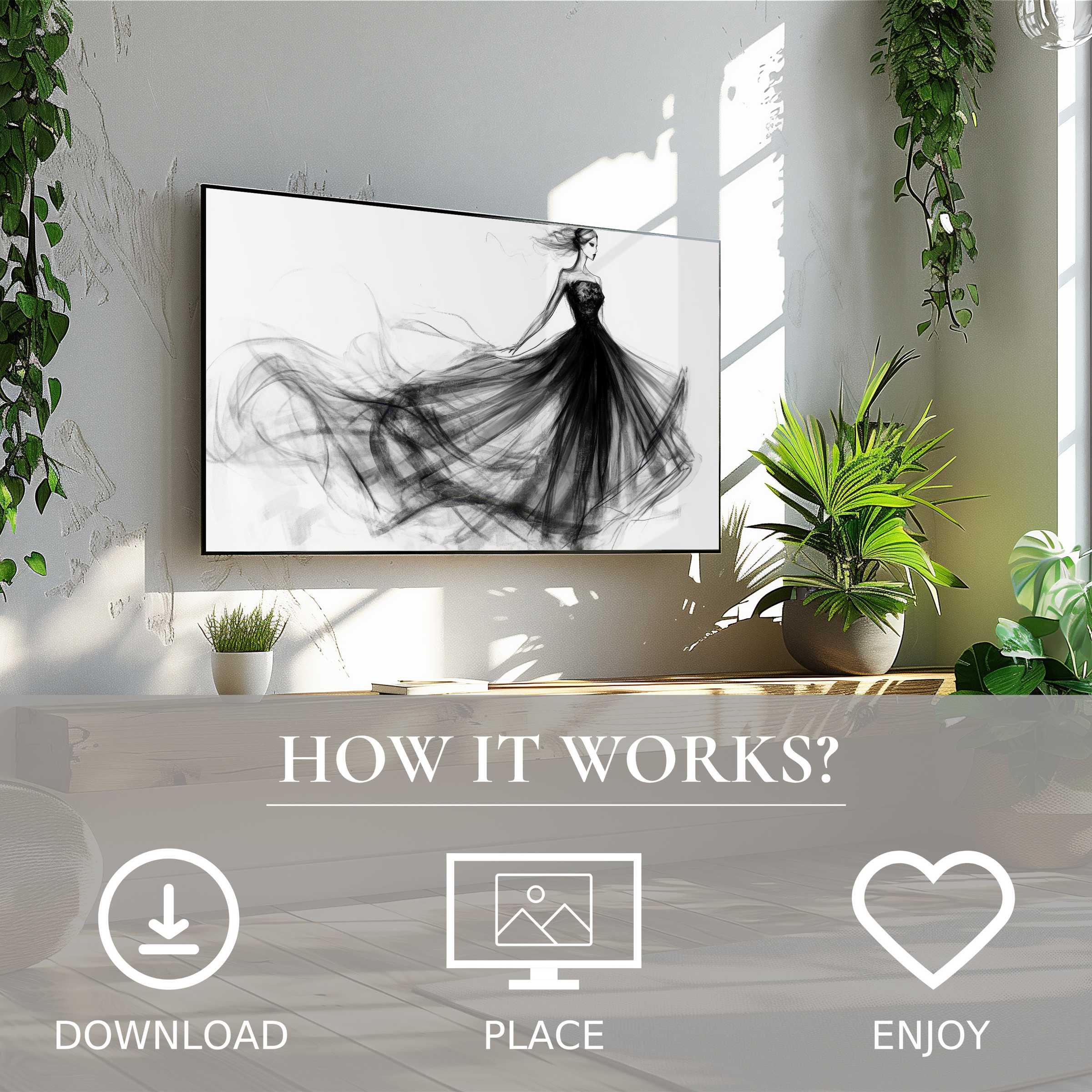 Black and white art for Samsung TV: elegant flowy dress motif, easy digital download, enriches modern living space