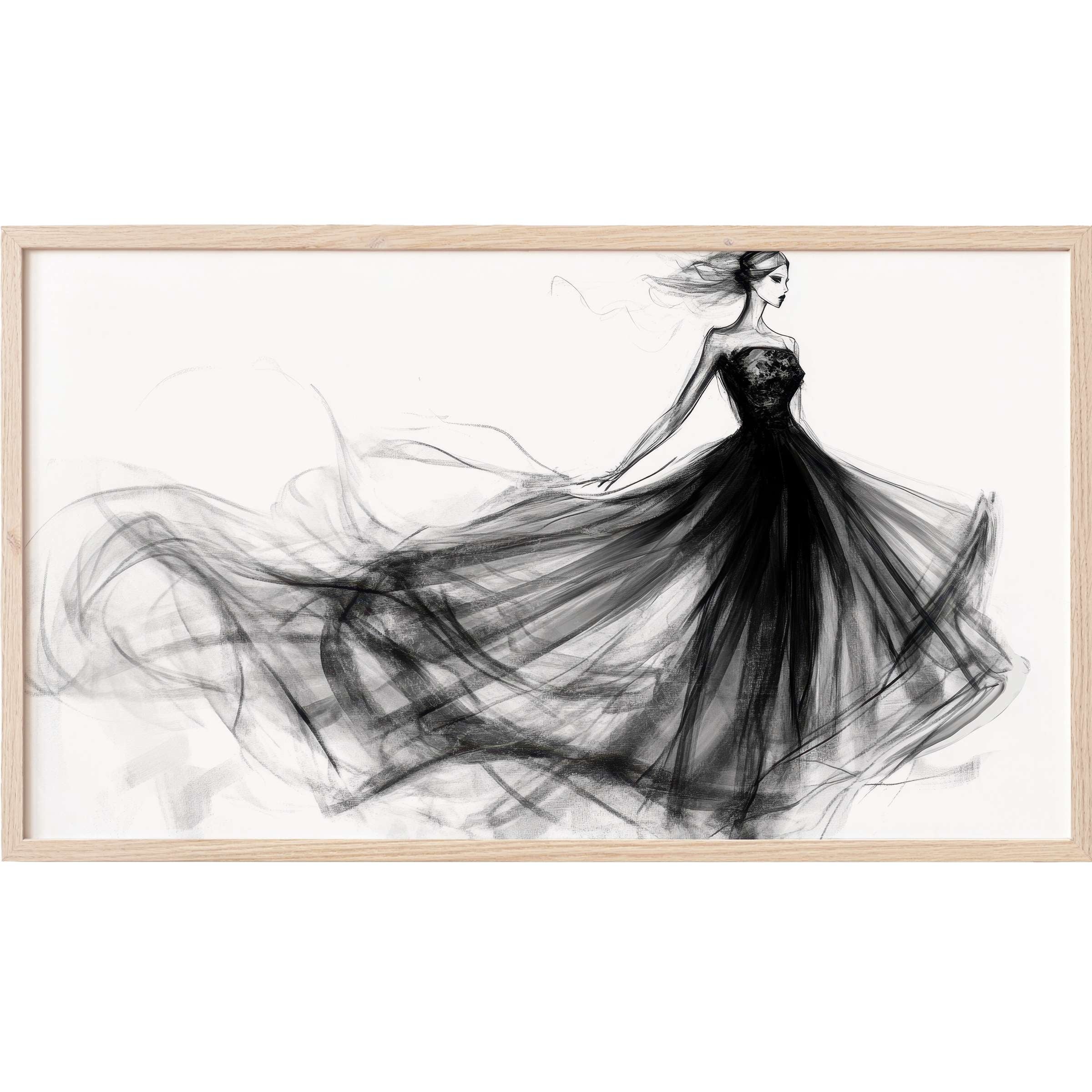 Elegant black and white Frame TV Art featuring a flowing gown sketch with modern, airy brushstrokes and refined style