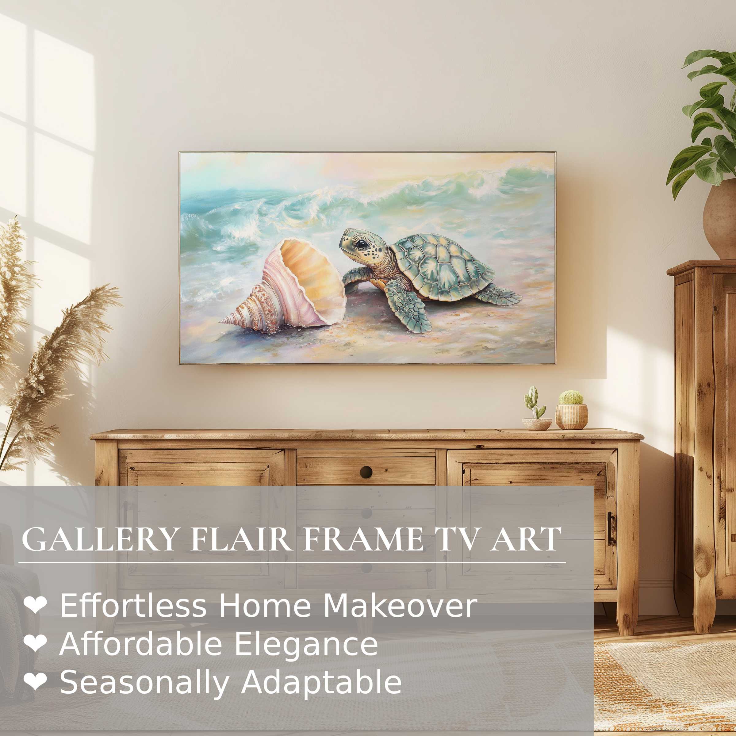 Samsung Frame TV displays serene nursery digital artwork of a sea turtle and shell in a light, airy room