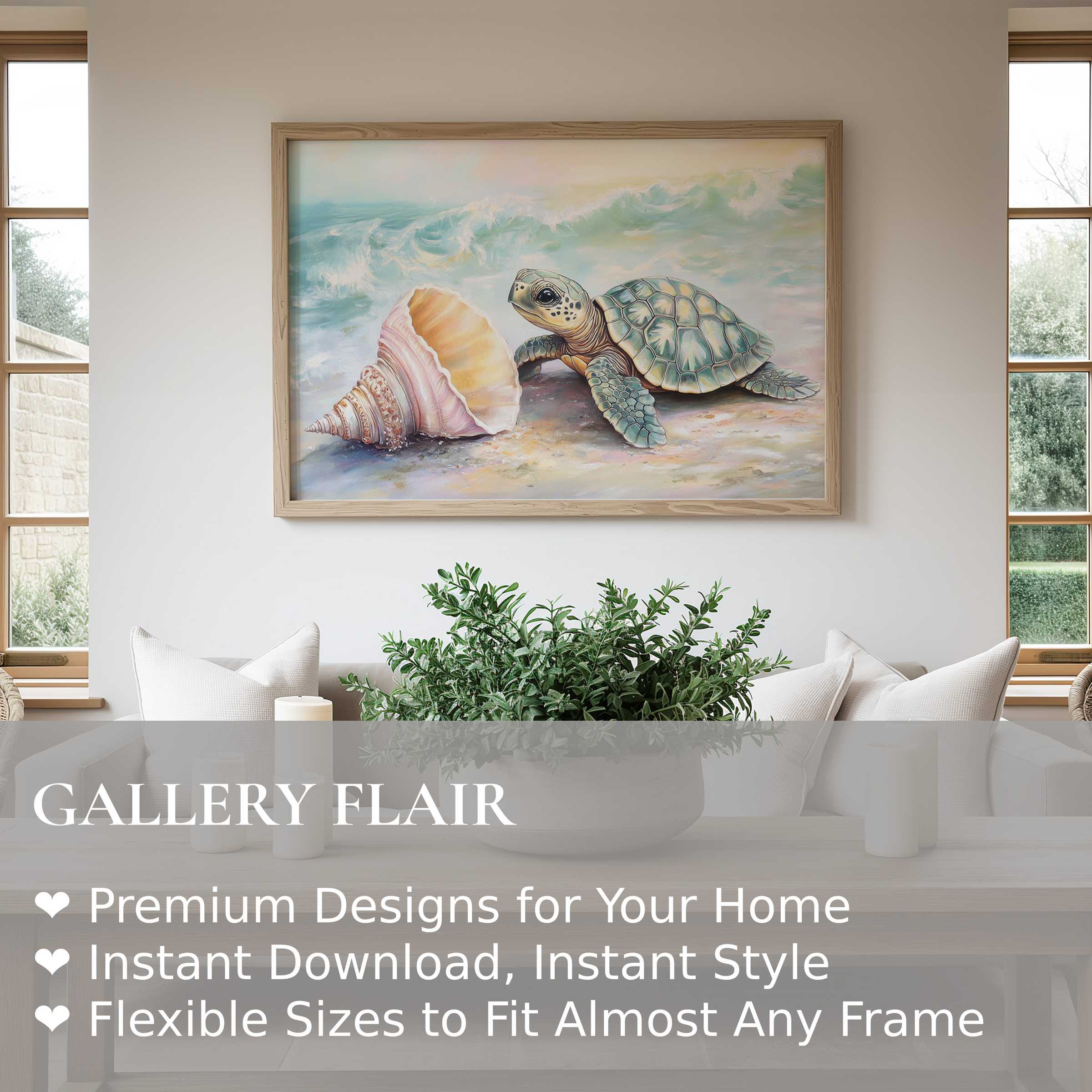 Nursery wall art print featuring a serene sea turtle and shell in soft pastels, enhancing calming coastal nursery decor
