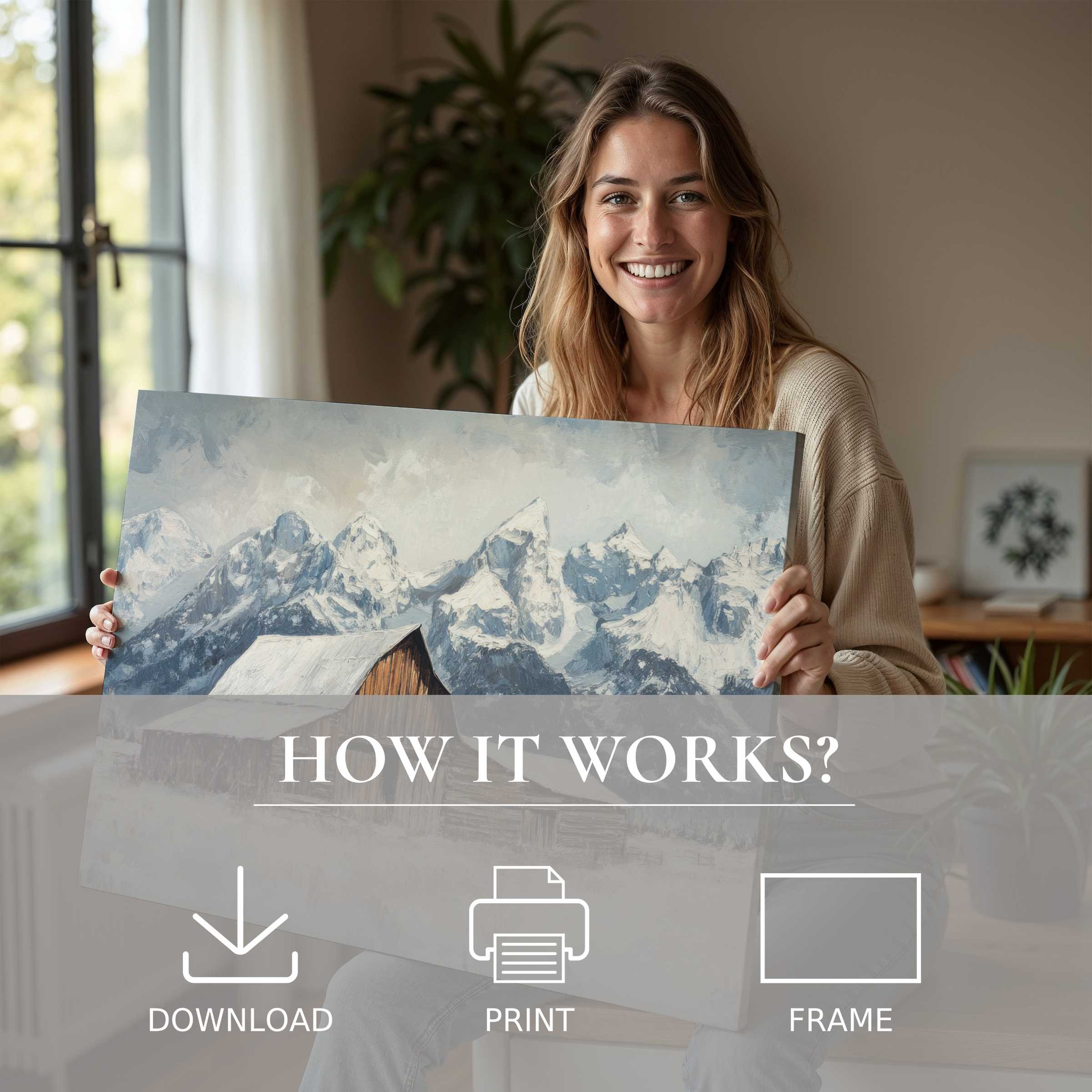 Joy radiates as she embraces a farmhouse digital art print, blending serene mountain tones with effortless elegance in a modern home