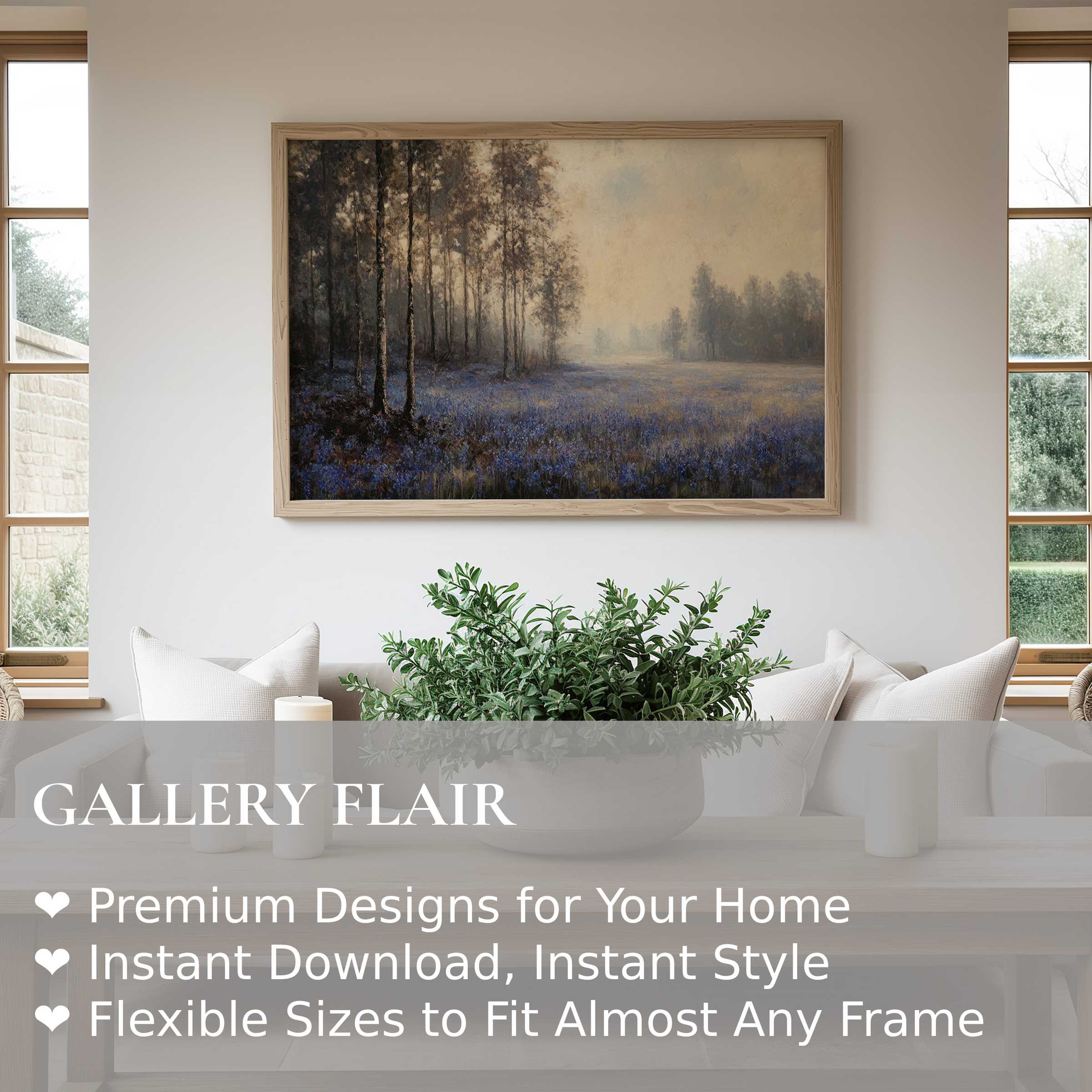 Botanical wall art print featuring a soft, calming forest landscape with blue florals, enhancing a modern, minimalist living room