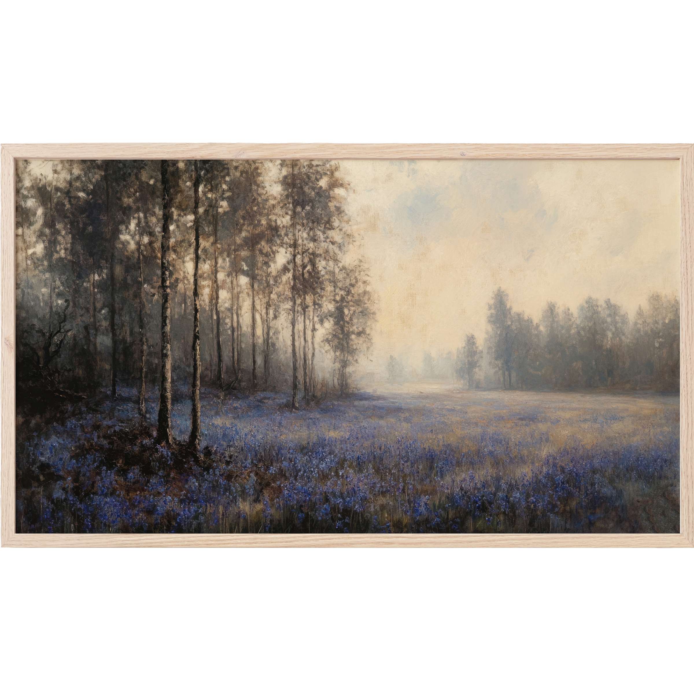 Misty forest scene with soft beige sky and deep blue wildflowers, elegant botanical Frame TV Art in muted tones