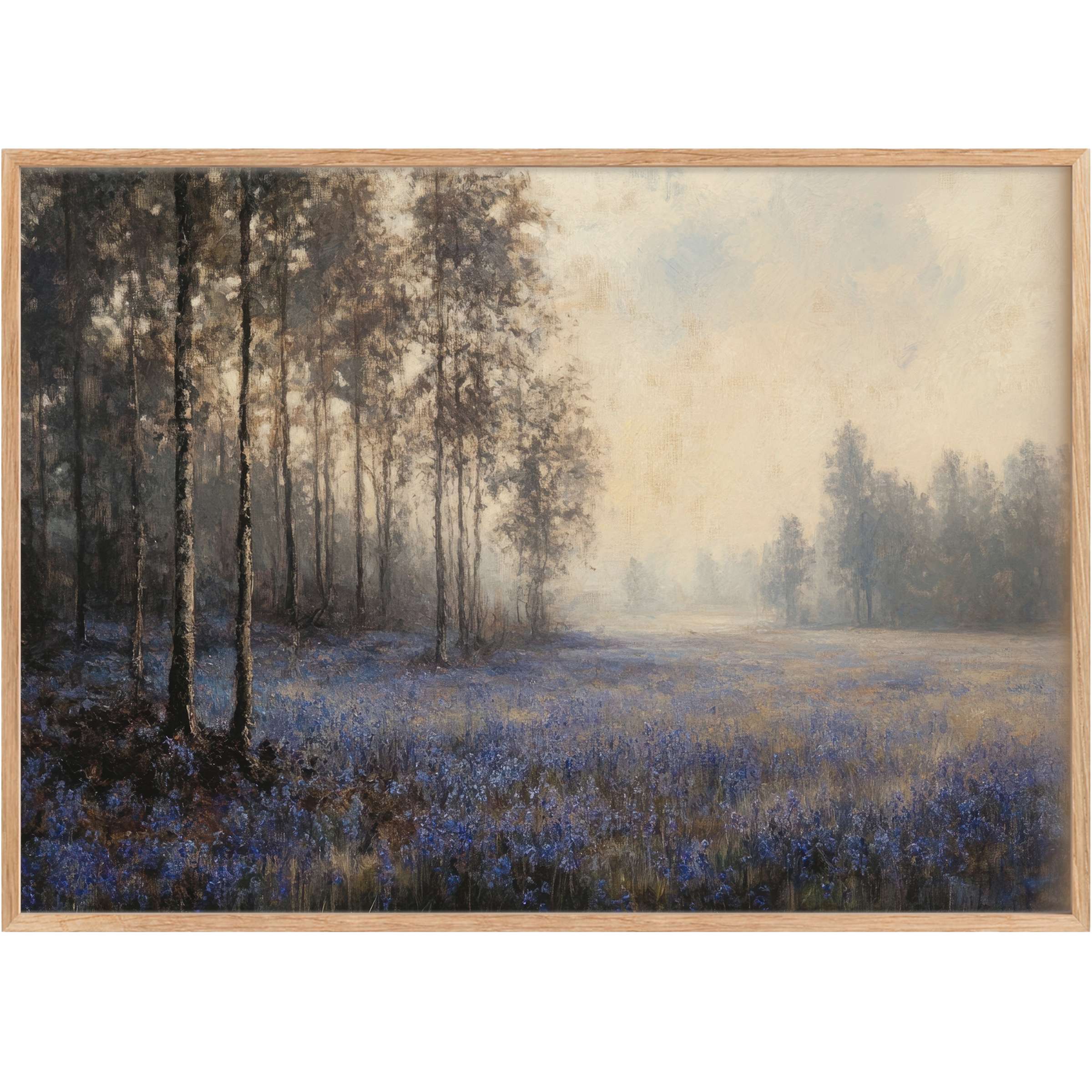 Botanical printable wall art capturing a serene forest edge with deep indigos and muted earth tones, evoking tranquil elegance