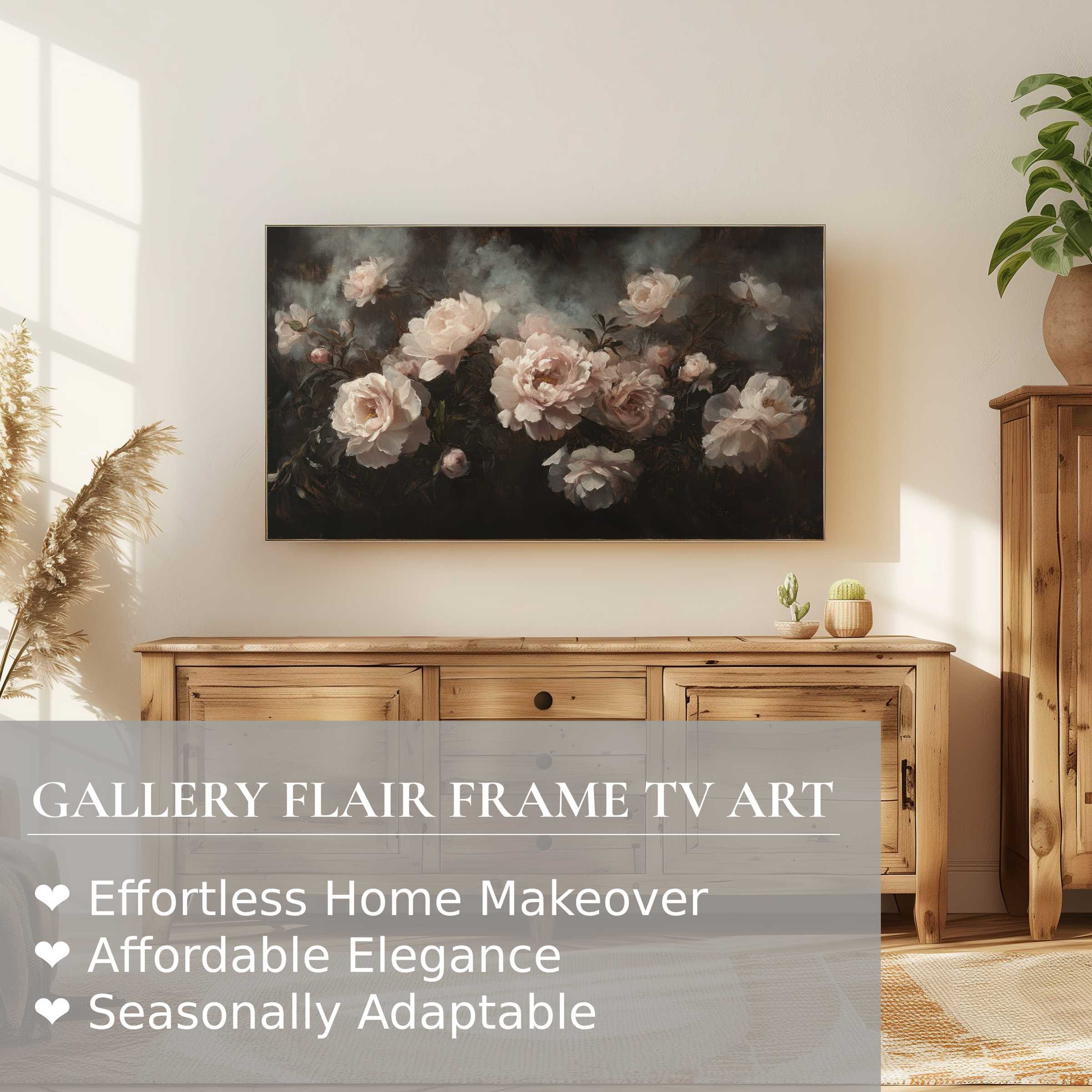 Samsung Frame TV showcases refined floral digital artwork in a warm, elegant living room setting with natural wood tones