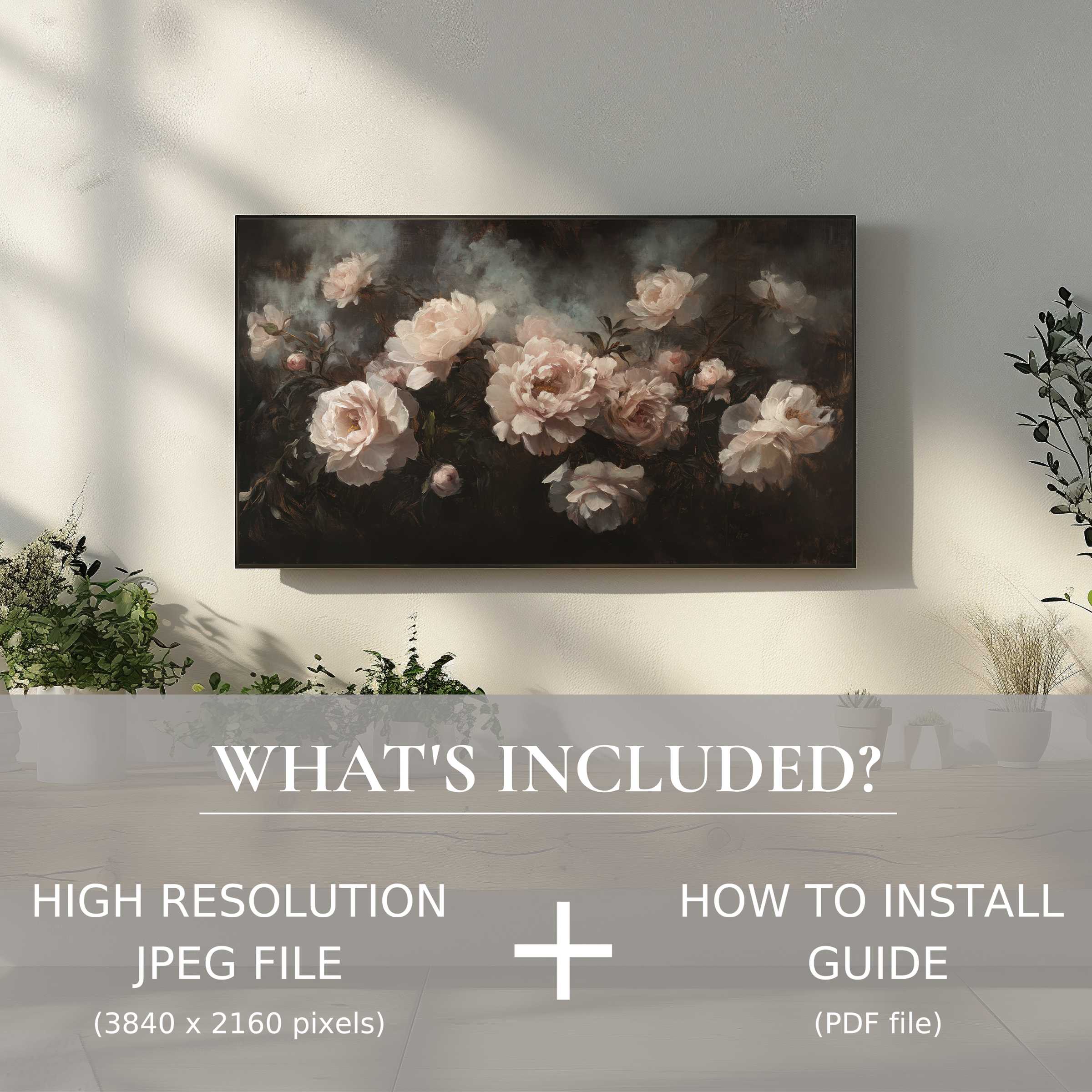 Elegant living room with floral digital TV art download, enhancing space with easy-to-use high-res artwork