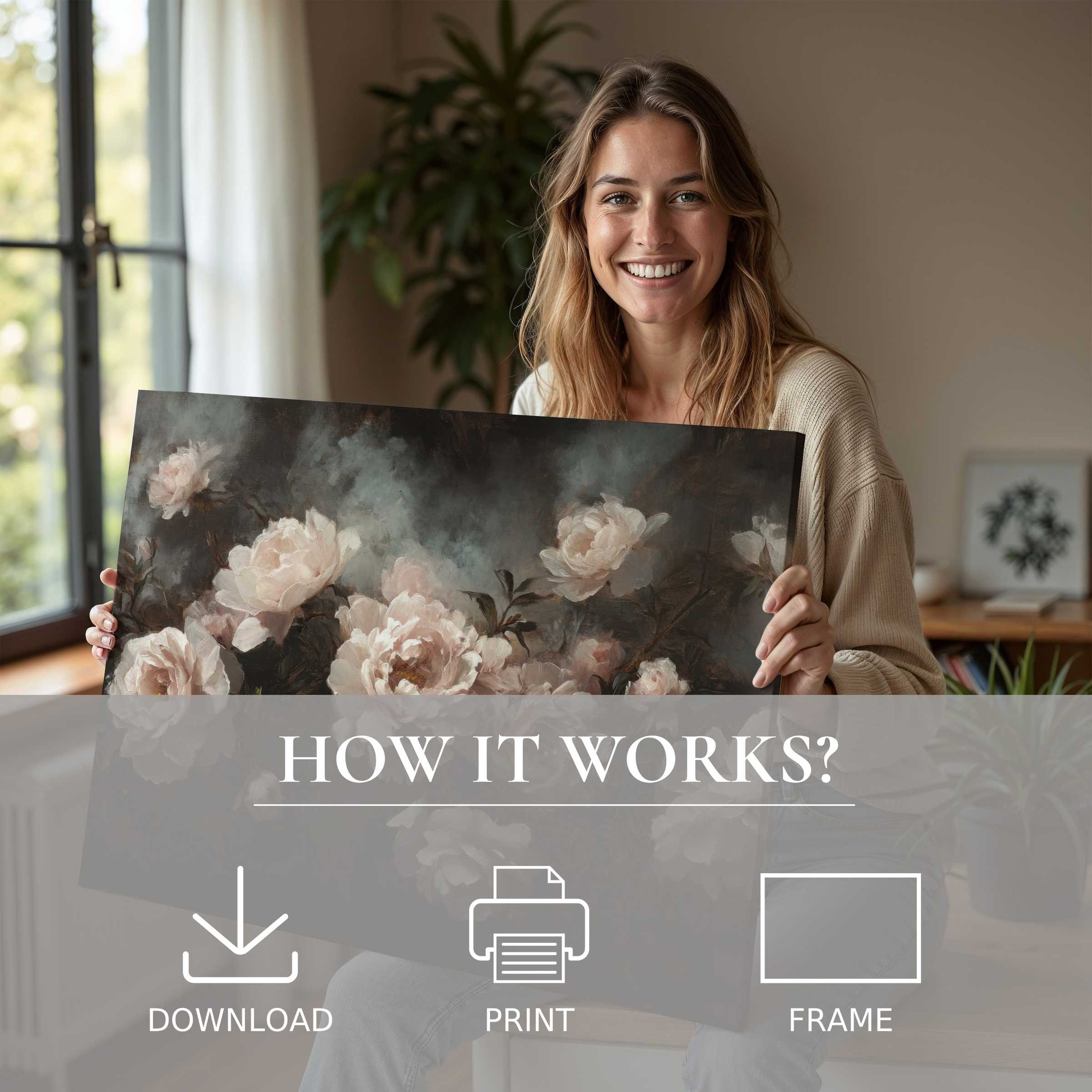 A woman radiates warmth in a stylish home as she shares a floral digital art print, evoking joy and effortless beauty