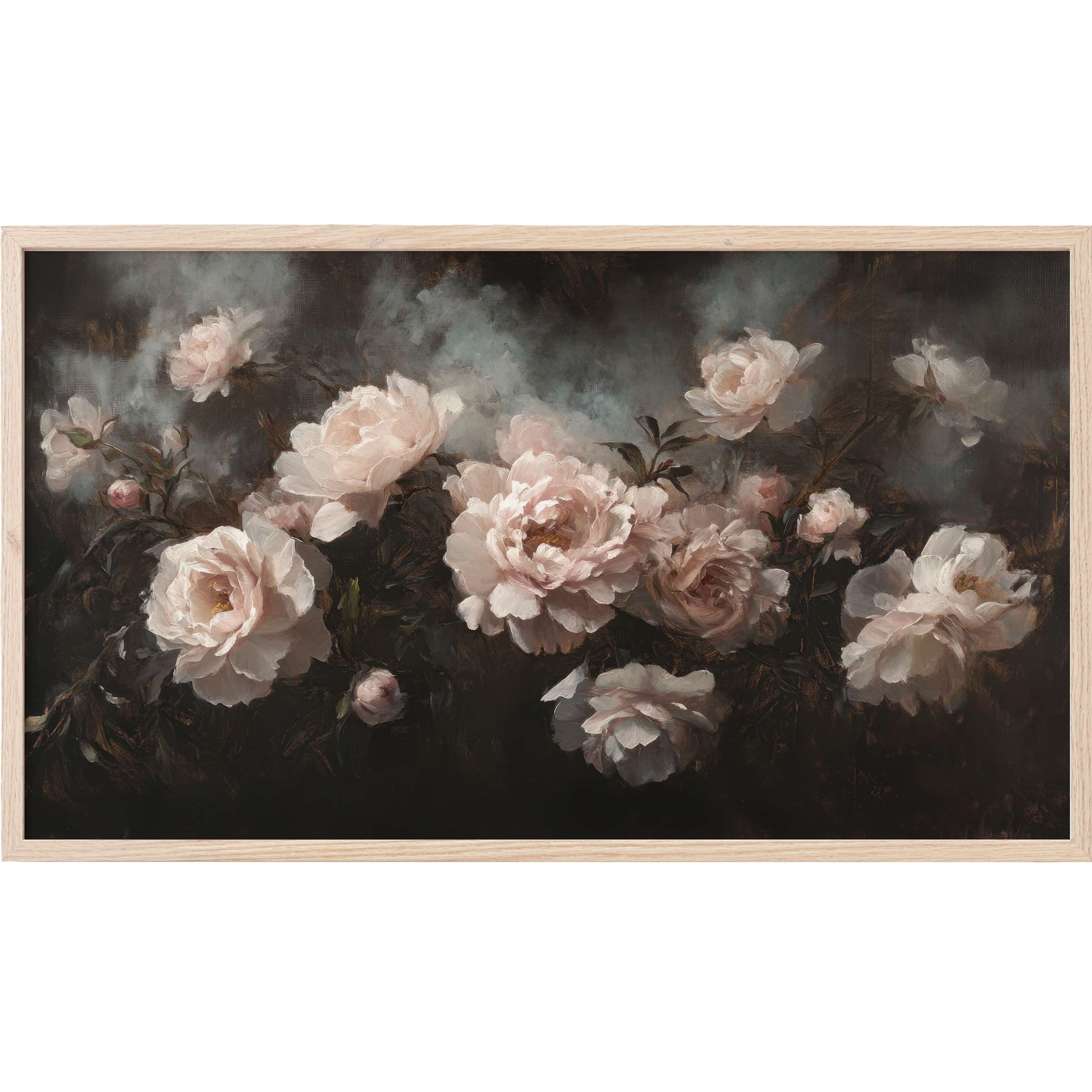 Floral Frame TV Art with soft blush peonies on a dark, moody background in a refined, modern style