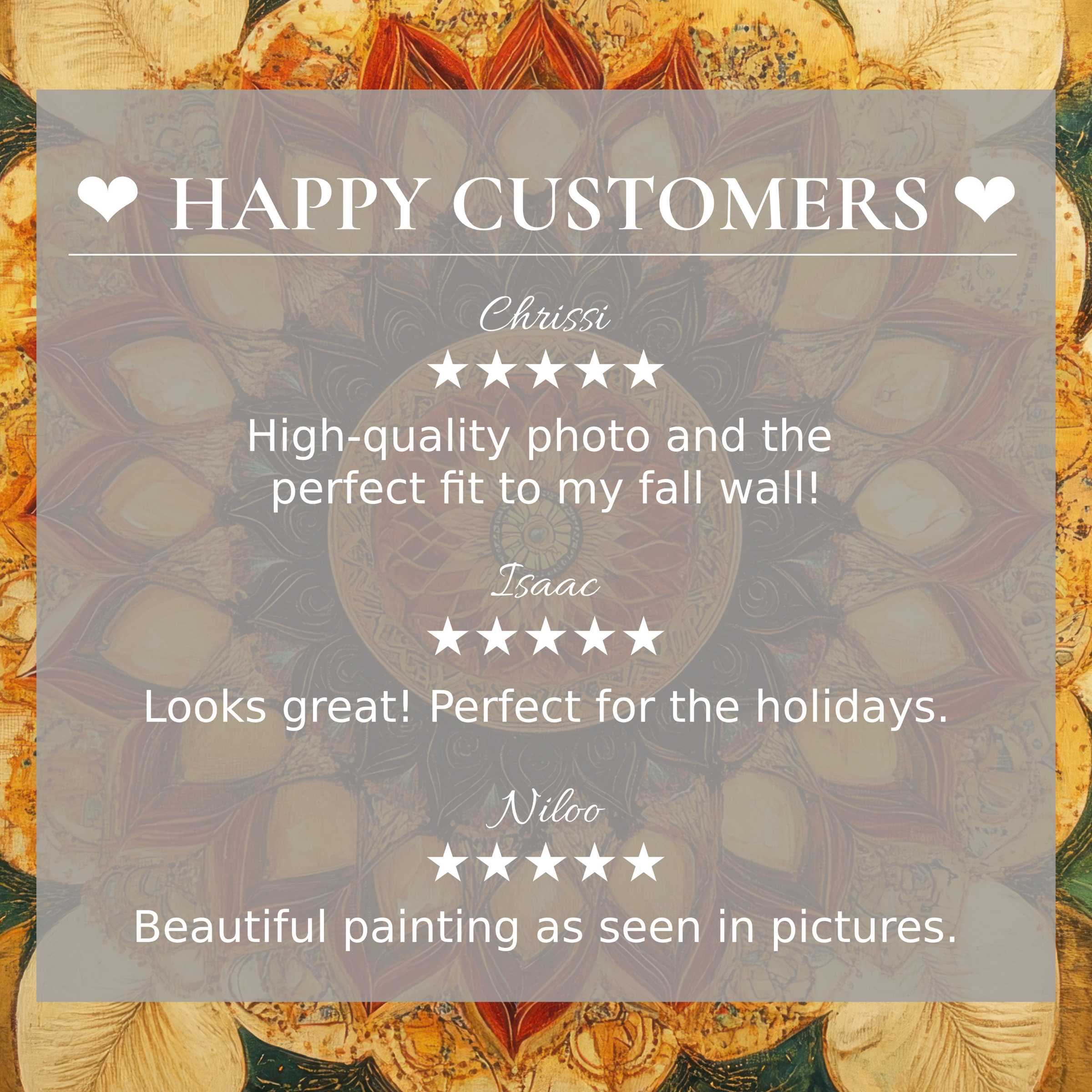 Boho art for Frame TV with abstract warm hues; happy customer reviews highlight trust and elegant style