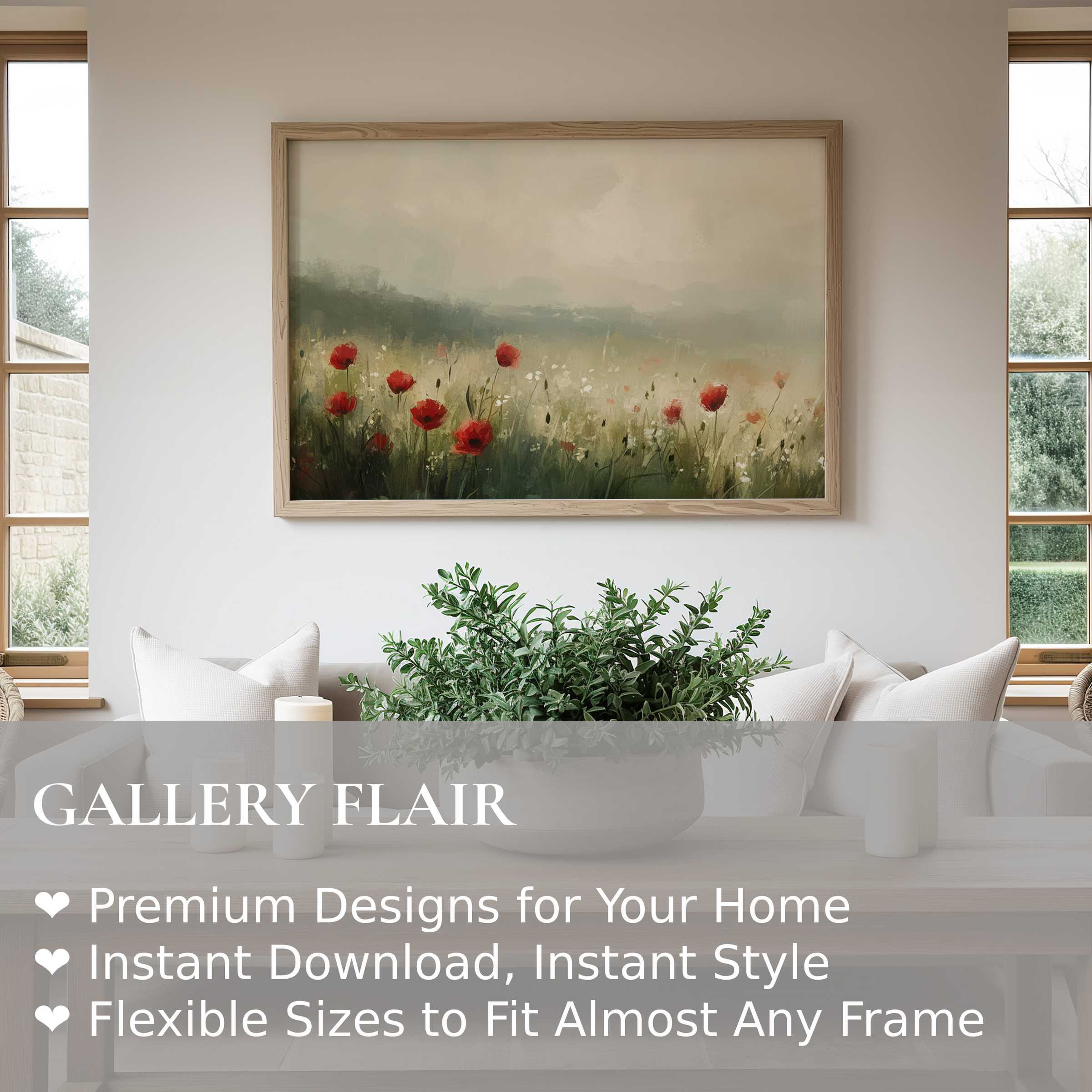 Spring wall art print featuring radiant red poppies in a soft, calming meadow scene that elevates modern, minimalist interiors with natural elegance