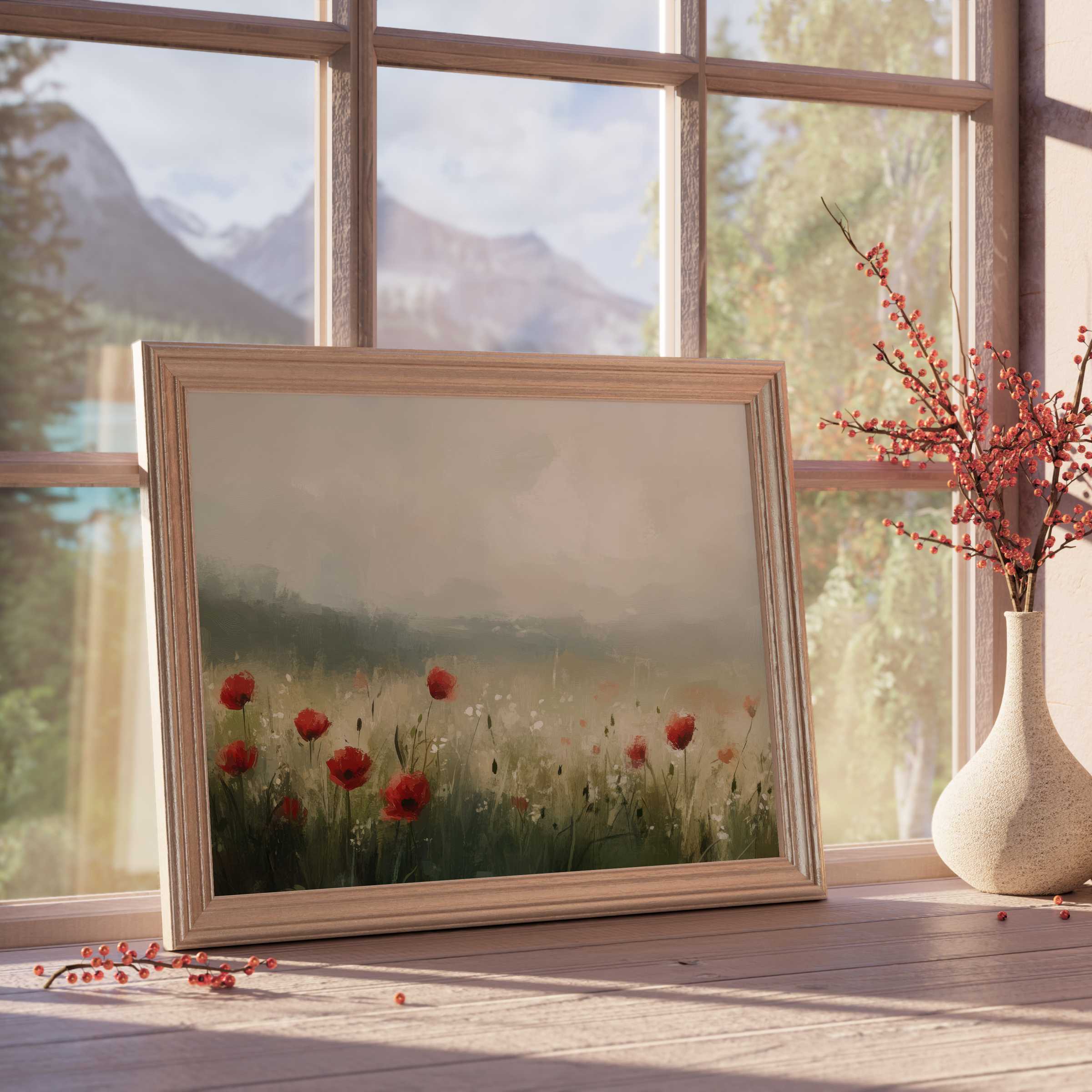 Spring downloadable art depicting a serene poppy meadow framed by soft natural light, perfect for curated, elegant interiors