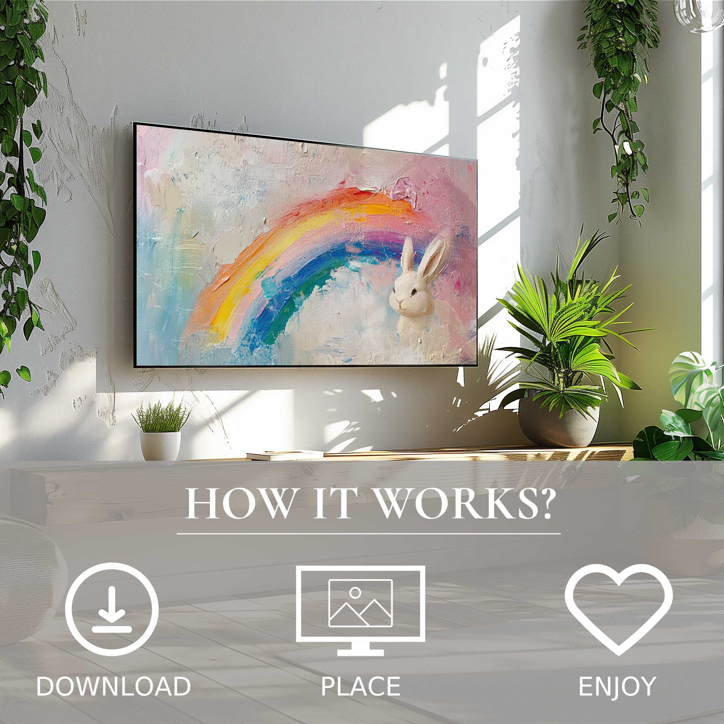 Easter art for Samsung TV: vibrant pastel rainbow and bunny motif, easy digital download, modern living room boost