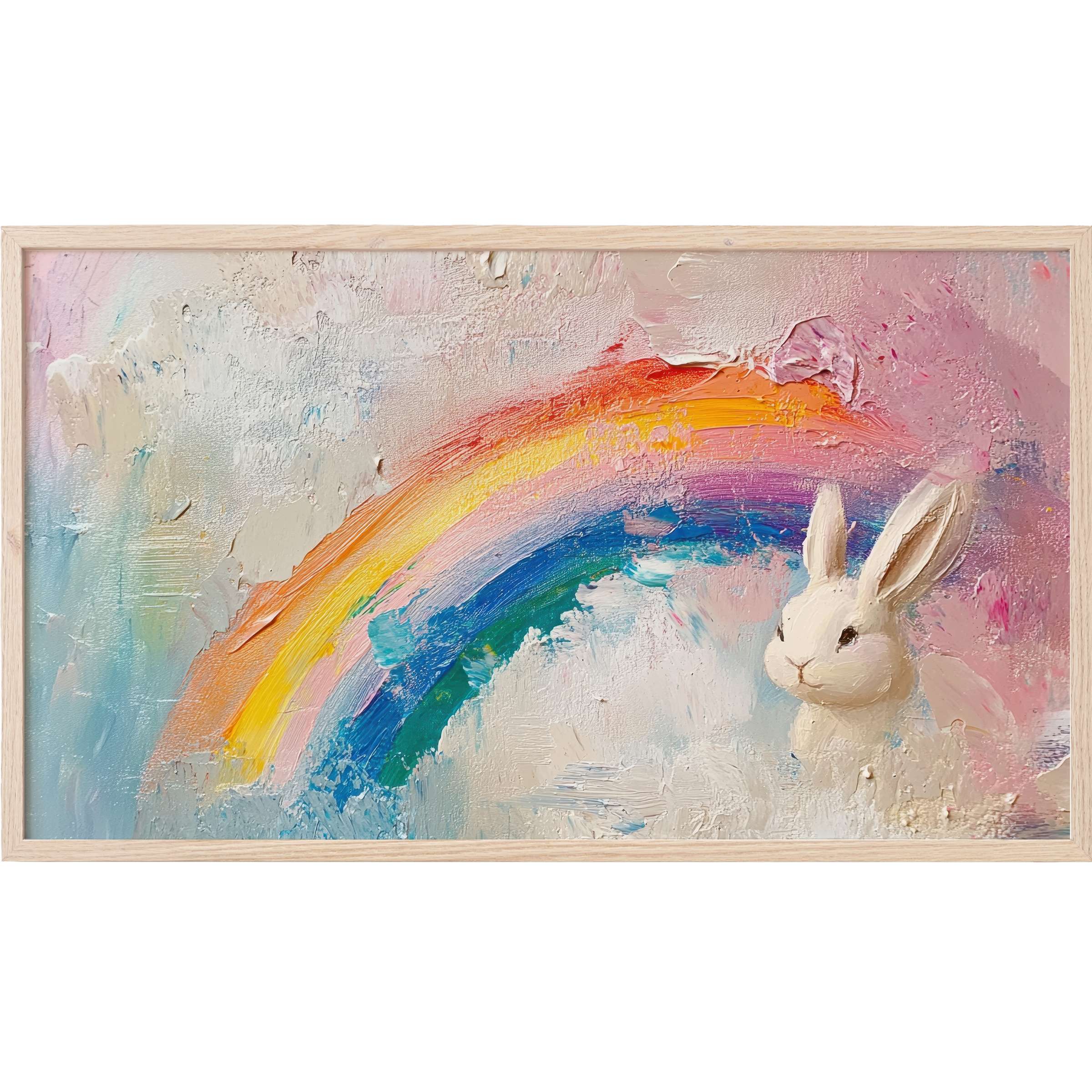 Soft pastel rainbow and white bunny form a textured, dreamy easter Frame TV Art for modern decor