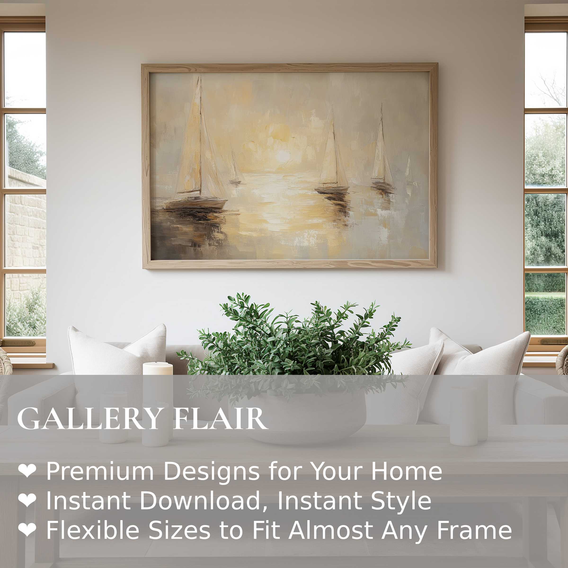 Serene beach wall art print featuring sailboats at sunset, enhancing modern coastal interiors with soft, calming hues and natural elegance