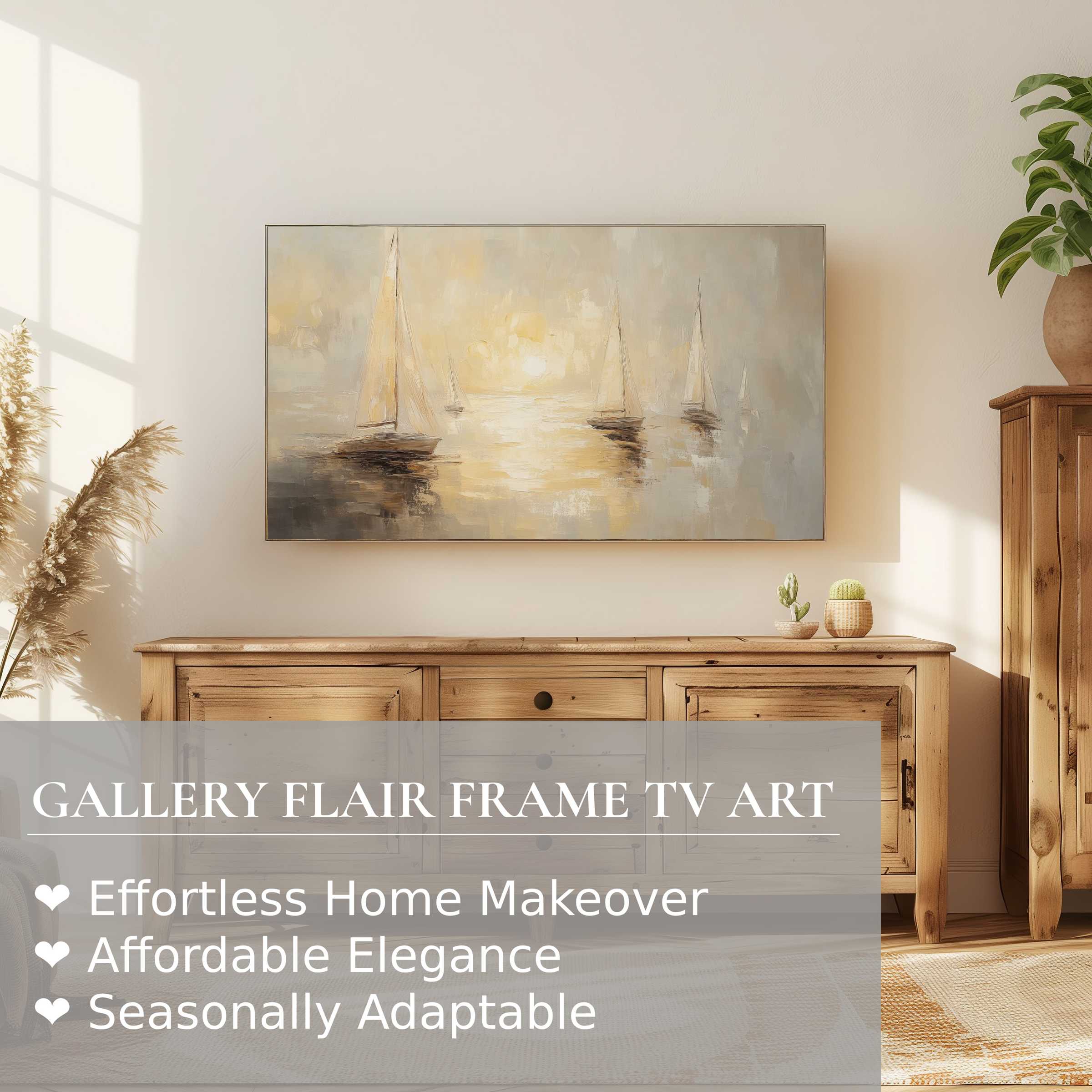 Samsung Frame TV showcasing serene beach digital artwork in soft, muted tones for refined modern decor