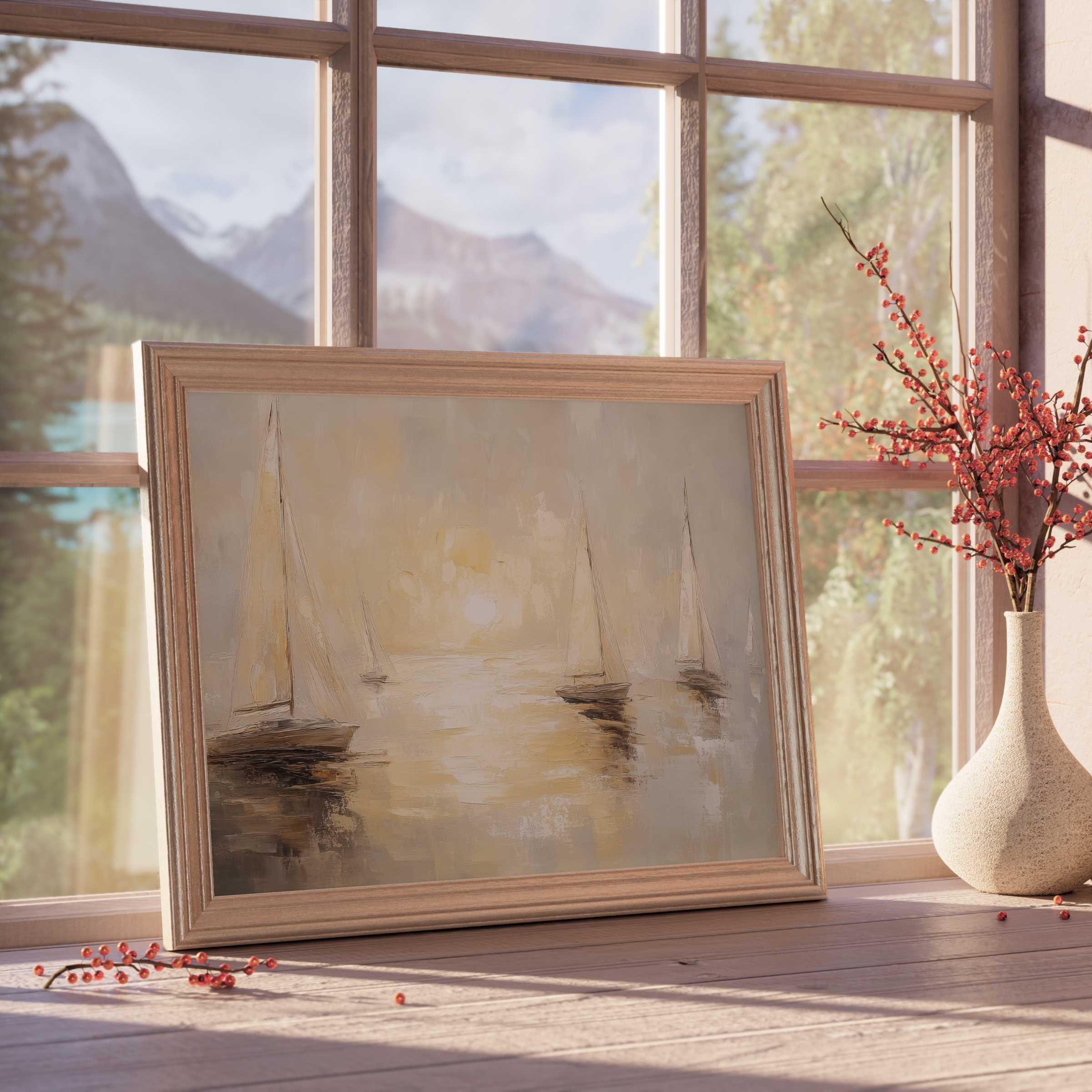 Sun-kissed sailboats in a serene beach downloadable art piece, infusing tranquil, curated interiors with warm coastal elegance