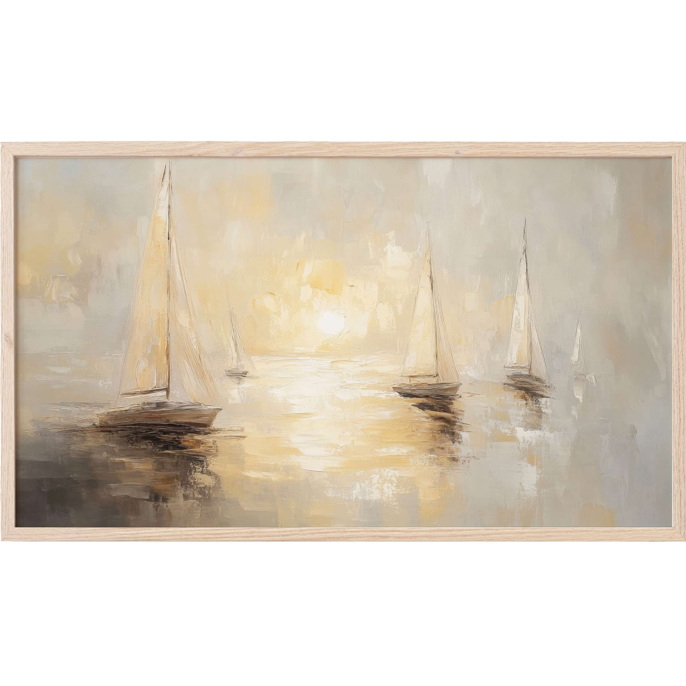 Soft, muted tones of gold and beige capture sailboats at sunrise in this serene beach Frame TV Art masterpiece
