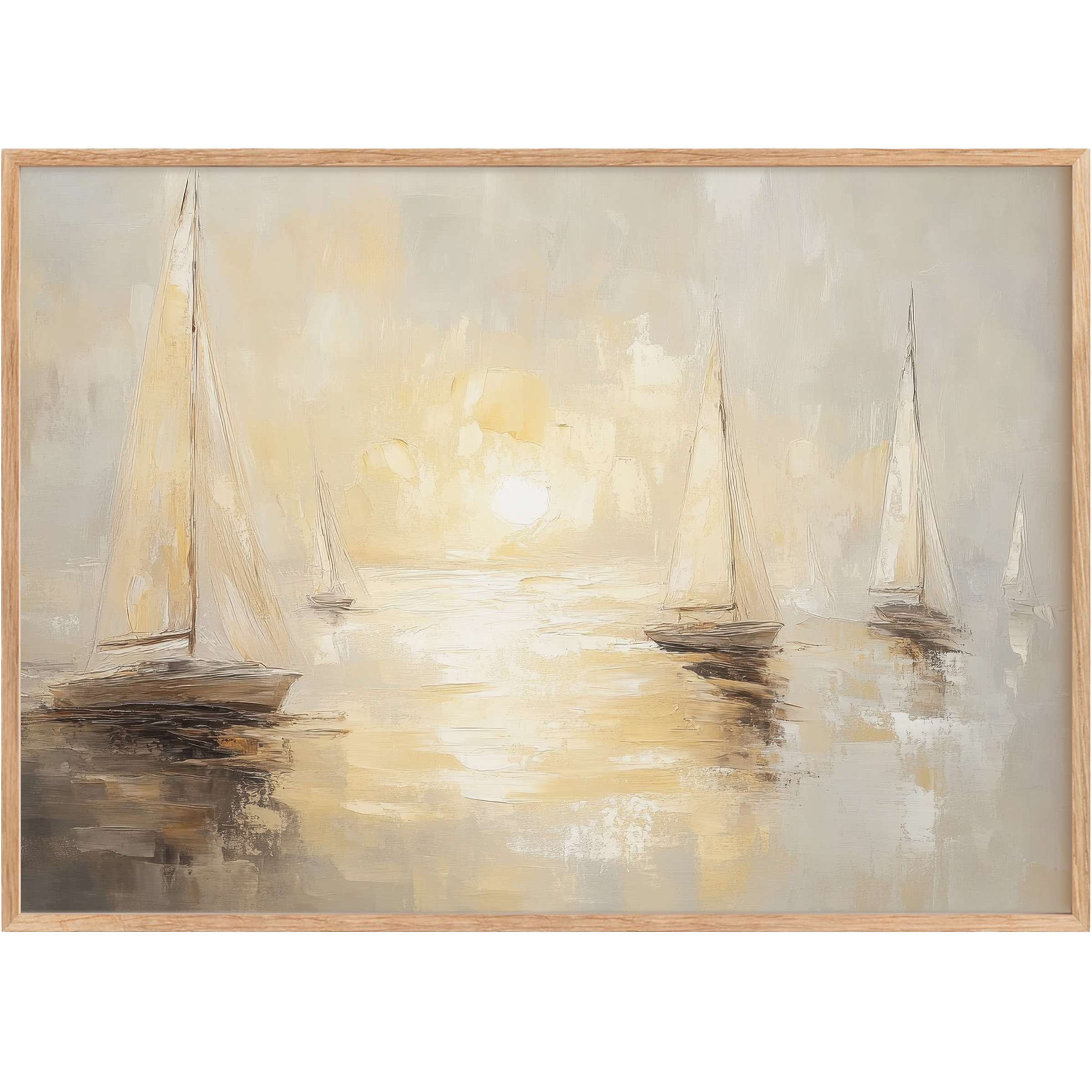Serene beach printable wall art with sailboats at sunset, glowing soft golds and muted greys evoke tranquil coastal elegance