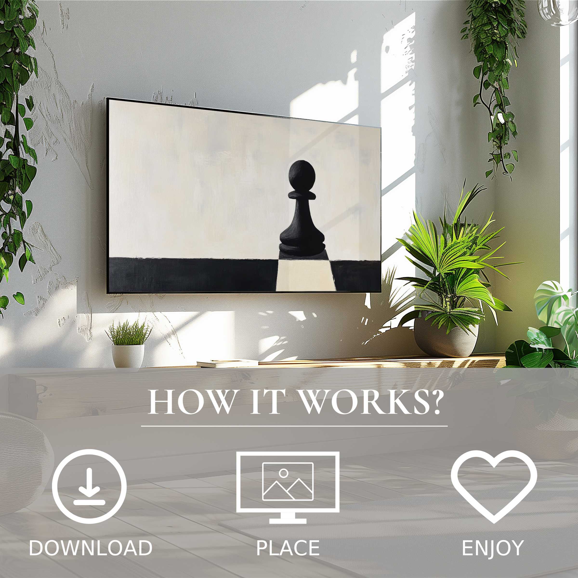 Minimalist art for Samsung TV shows a bold black chess pawn in neutral tones, easy digital download enriches modern living