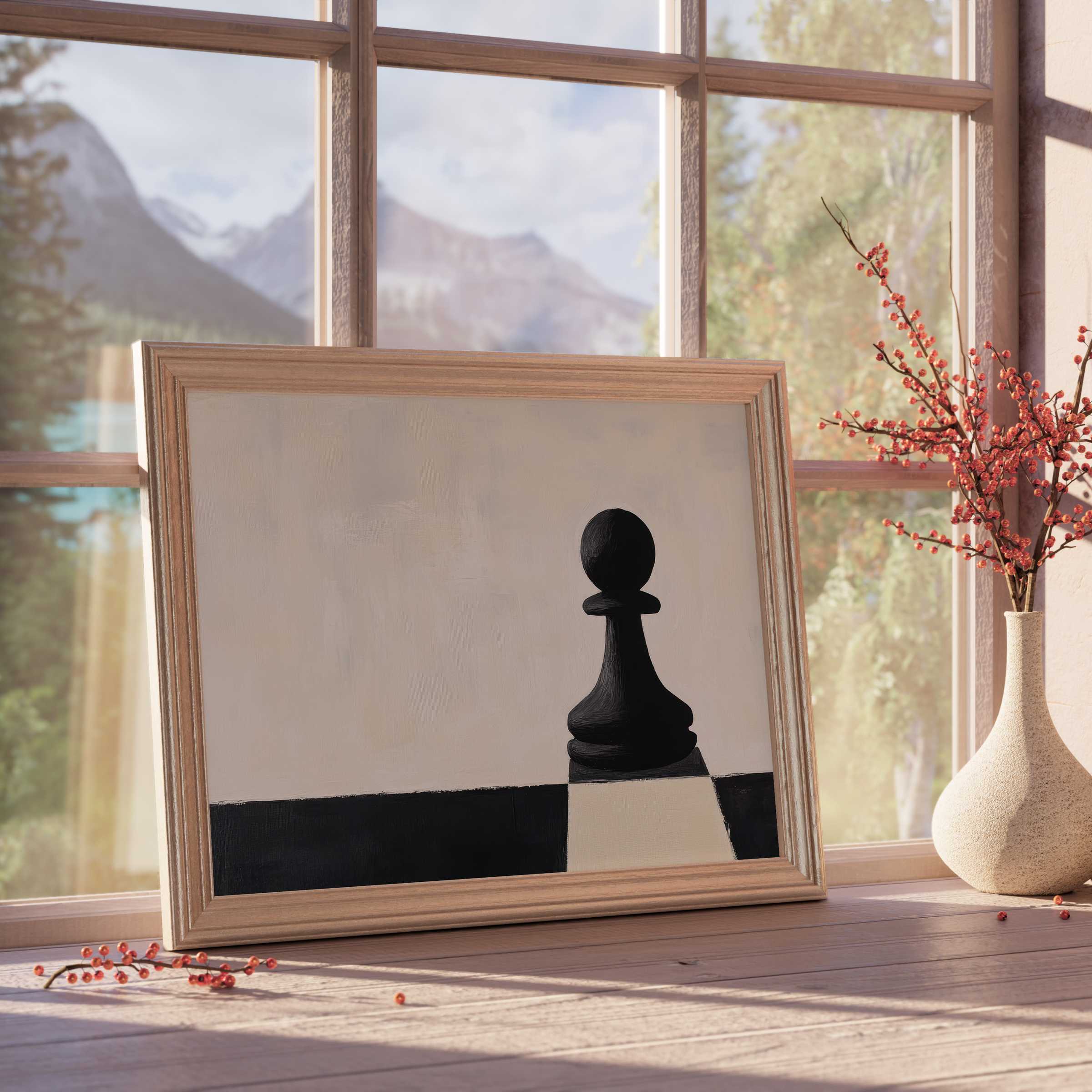 Minimalist downloadable art showcasing a solitary black chess pawn, enhancing serene, curated interiors with subtle sophistication and timeless elegance