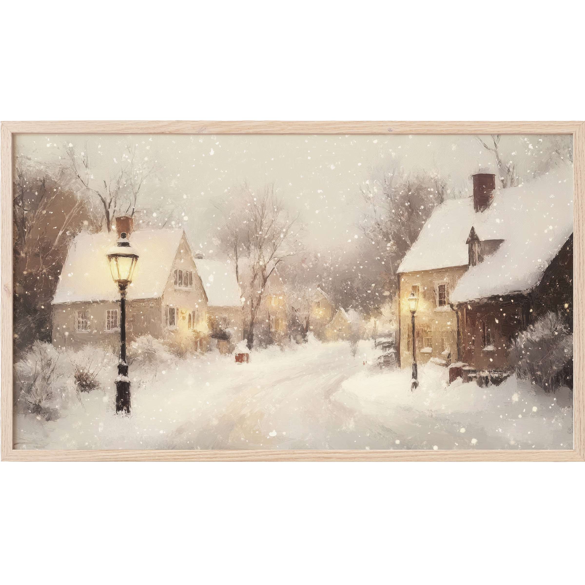 Serene snowy village scene with warm lights in muted tones, perfect elegant christmas Frame TV Art for modern interiors