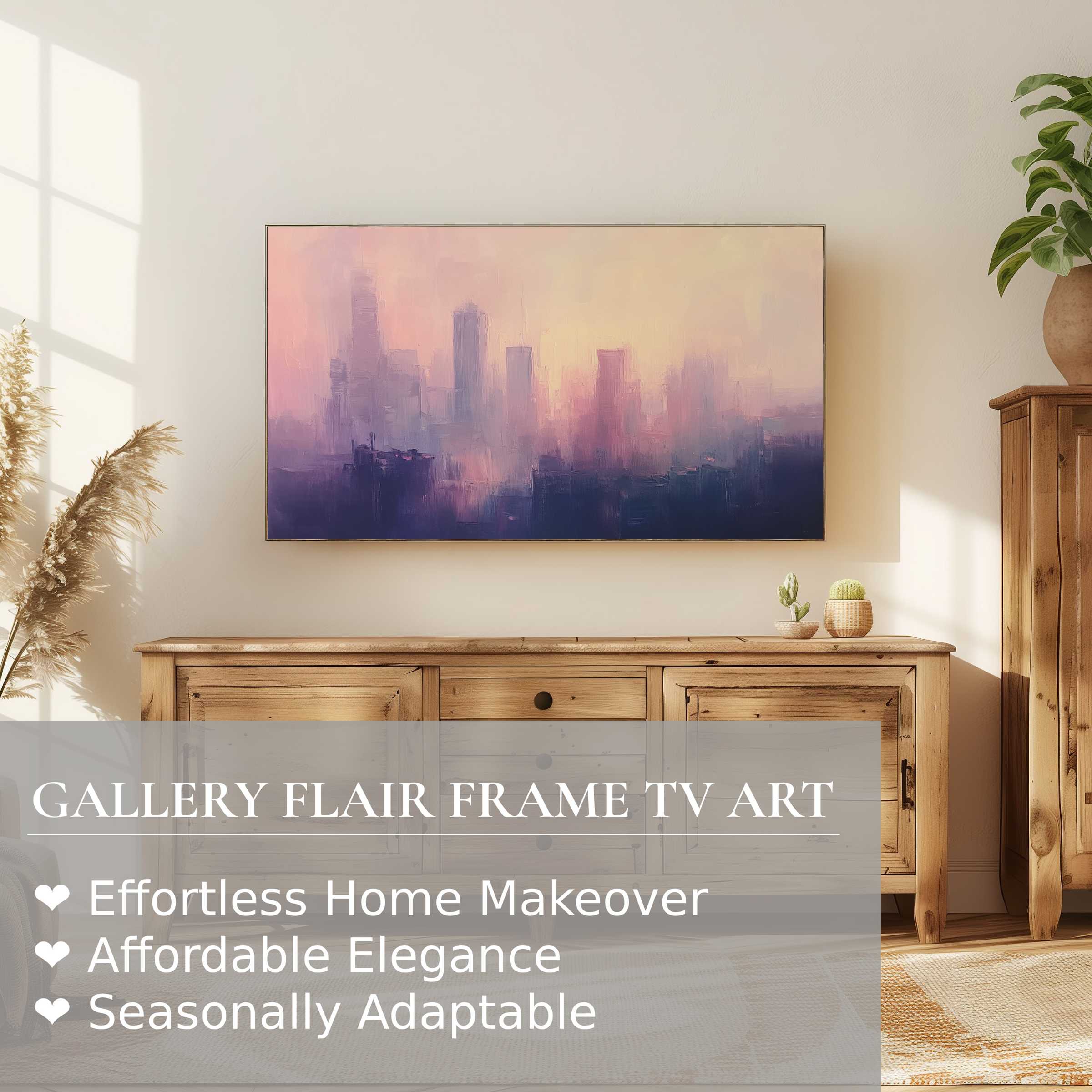 Modern urban digital artwork in soft hues displayed on Samsung Frame TV in a chic, sunlit living room setting