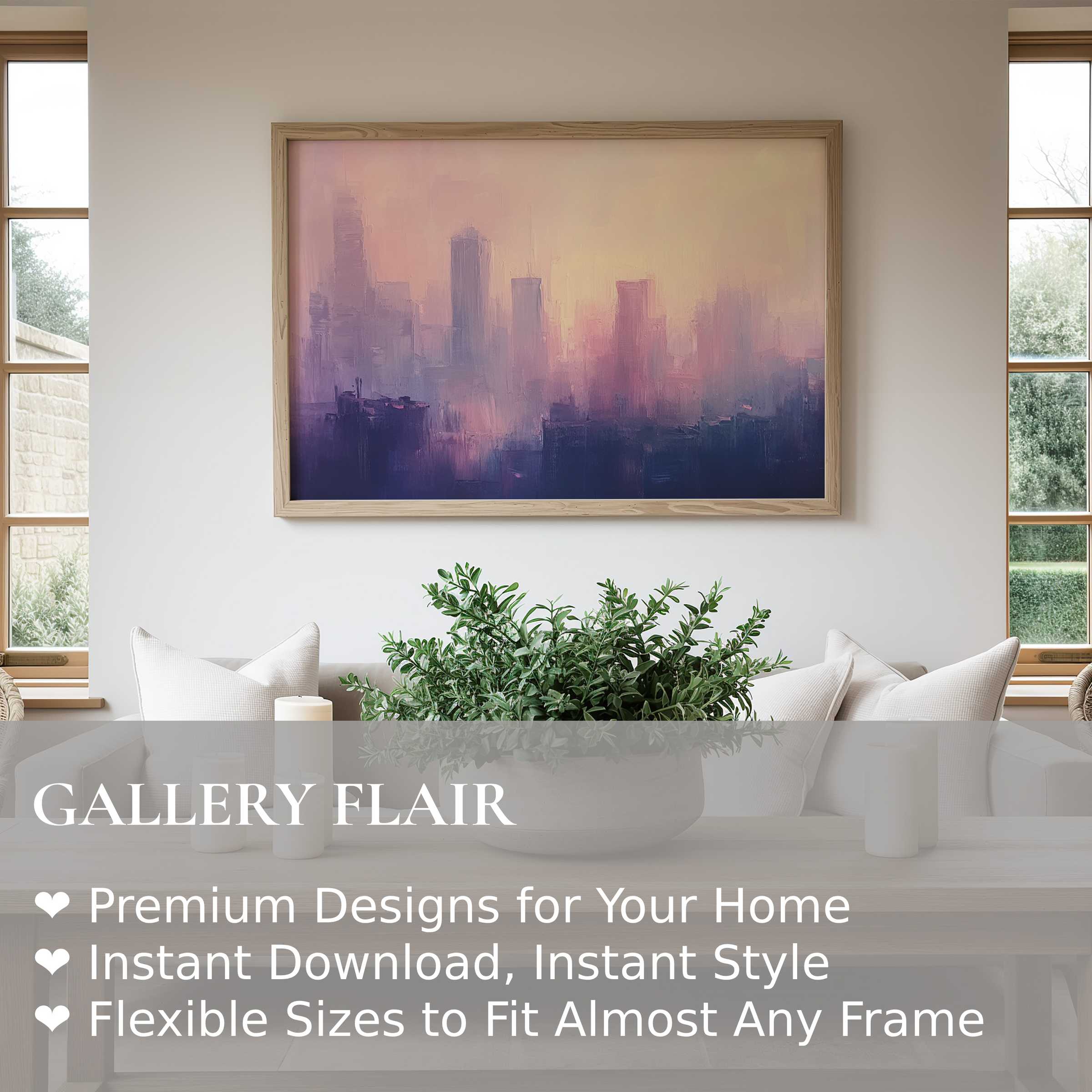 Urban art wall art print featuring a radiant, dreamy cityscape in soft purples and pinks, enhancing serene modern interiors with elegant contemporary flair
