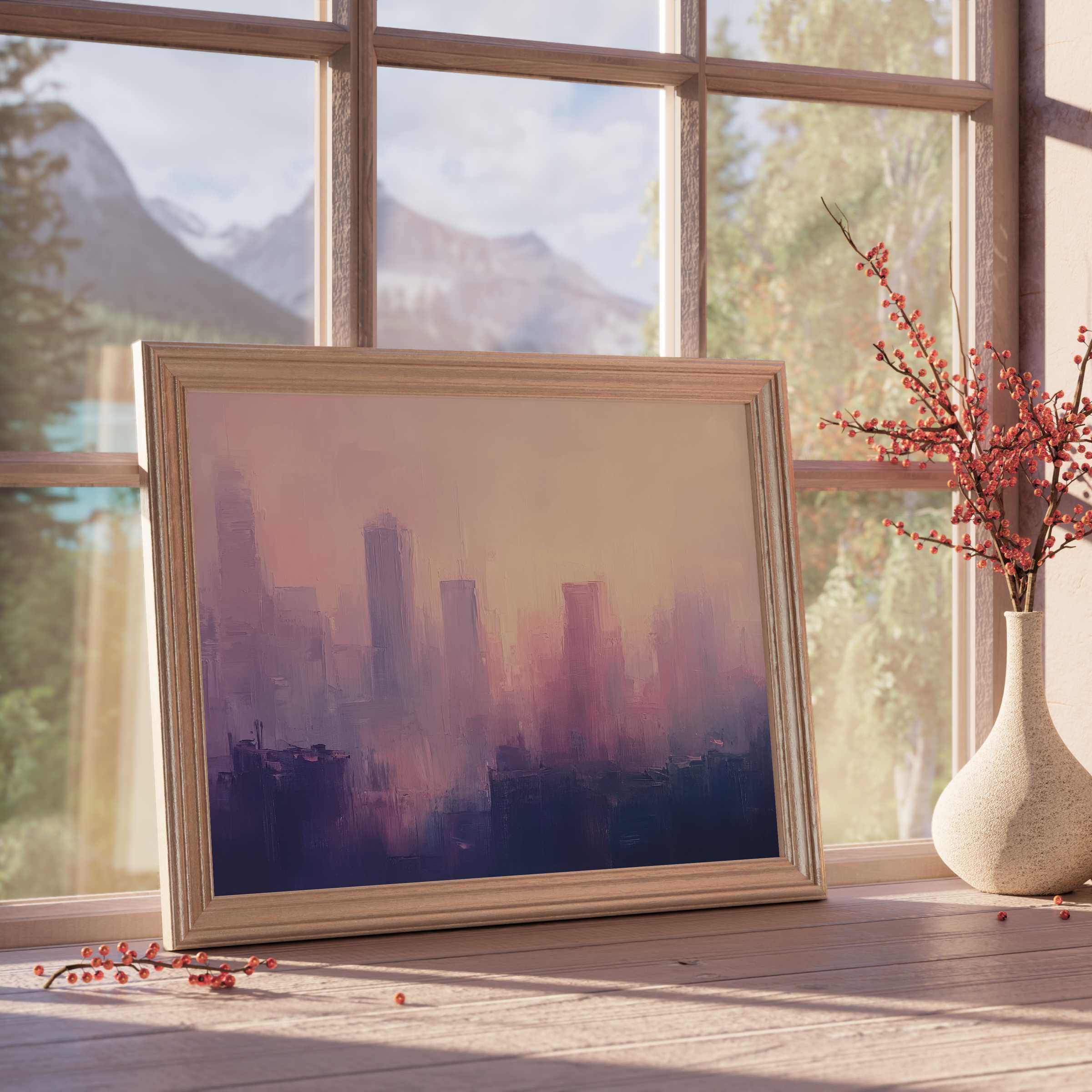 Ethereal urban downloadable art with soft mauve and indigo hues, enriching tranquil, curated interiors with modern cityscape elegance