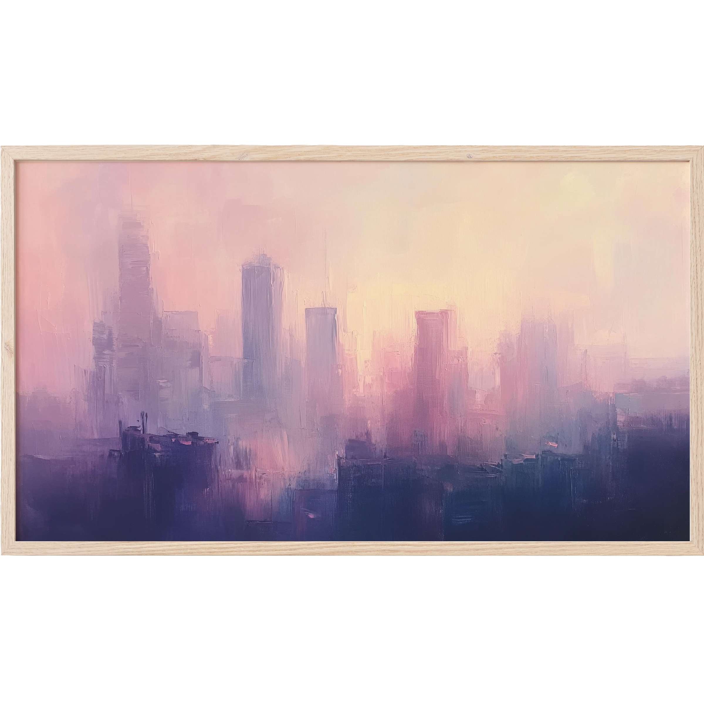 Soft-focus cityscape in pastel pinks and purples, an elegant urban Frame TV Art for modern interiors