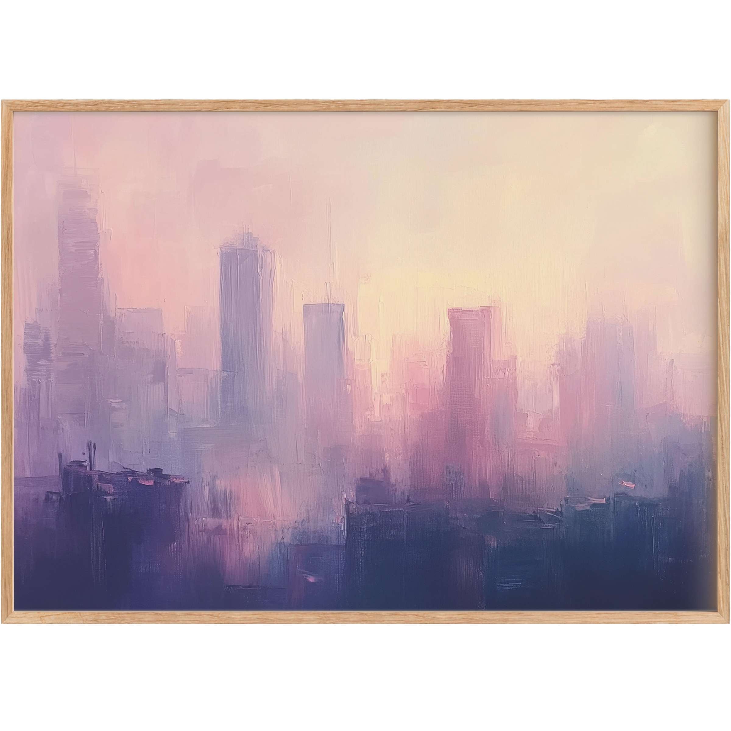 Dreamy urban printable wall art blending soft lilac and blush tones, evoking a serene, ethereal cityscape atmosphere