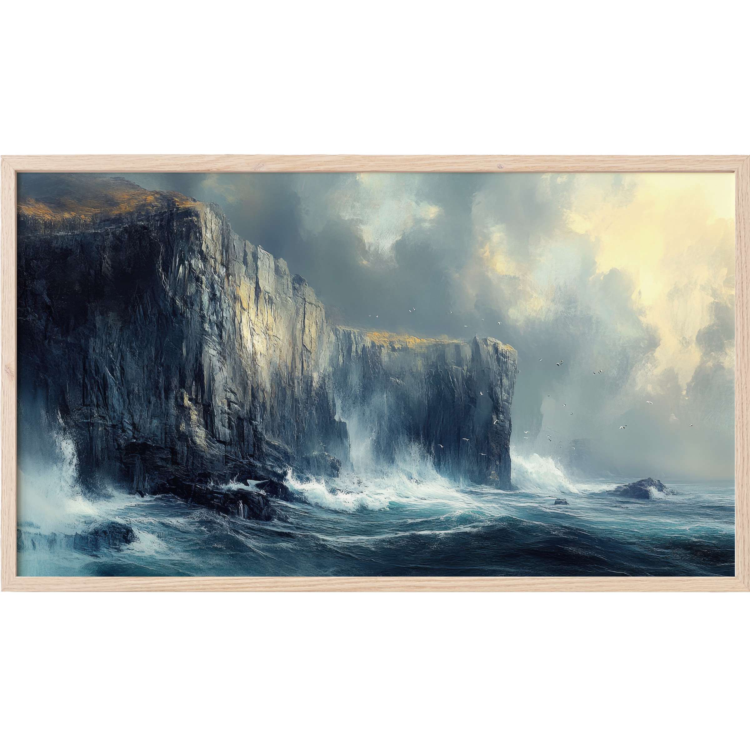 Dramatic seascape with towering cliffs, turbulent waves, and soft sunlight in serene vintage Frame TV Art