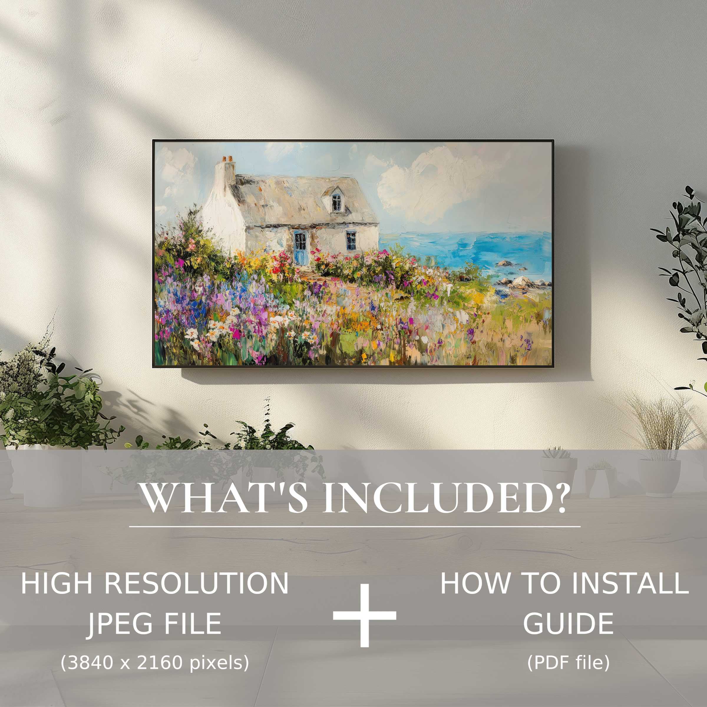 Elegant coastal digital TV art download showcasing vibrant seascape blooms, easy to enhance stylish living spaces digitally
