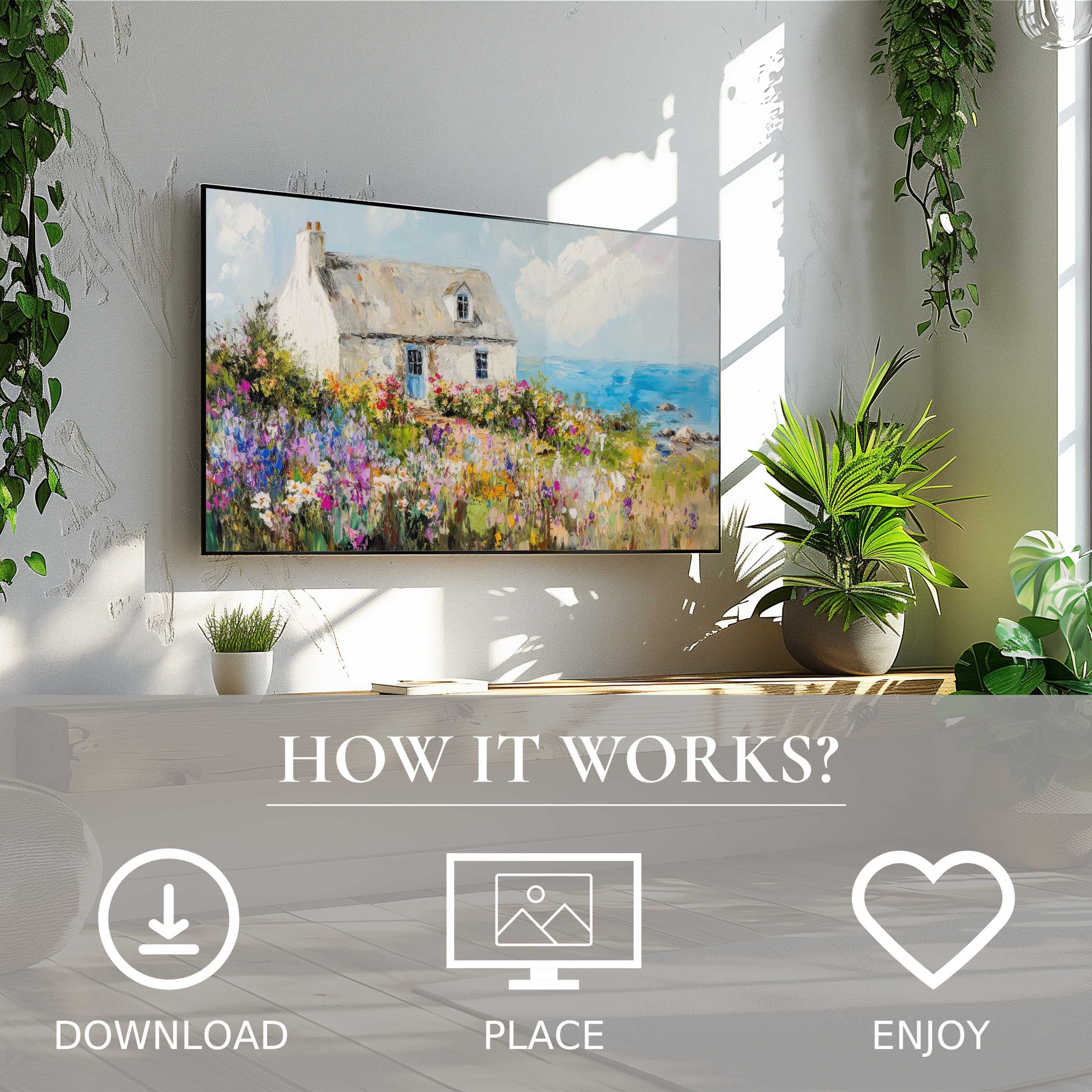 Coastal art for Samsung TV shows soft sunset tones of a sea cottage, easy digital download enhances modern living spaces