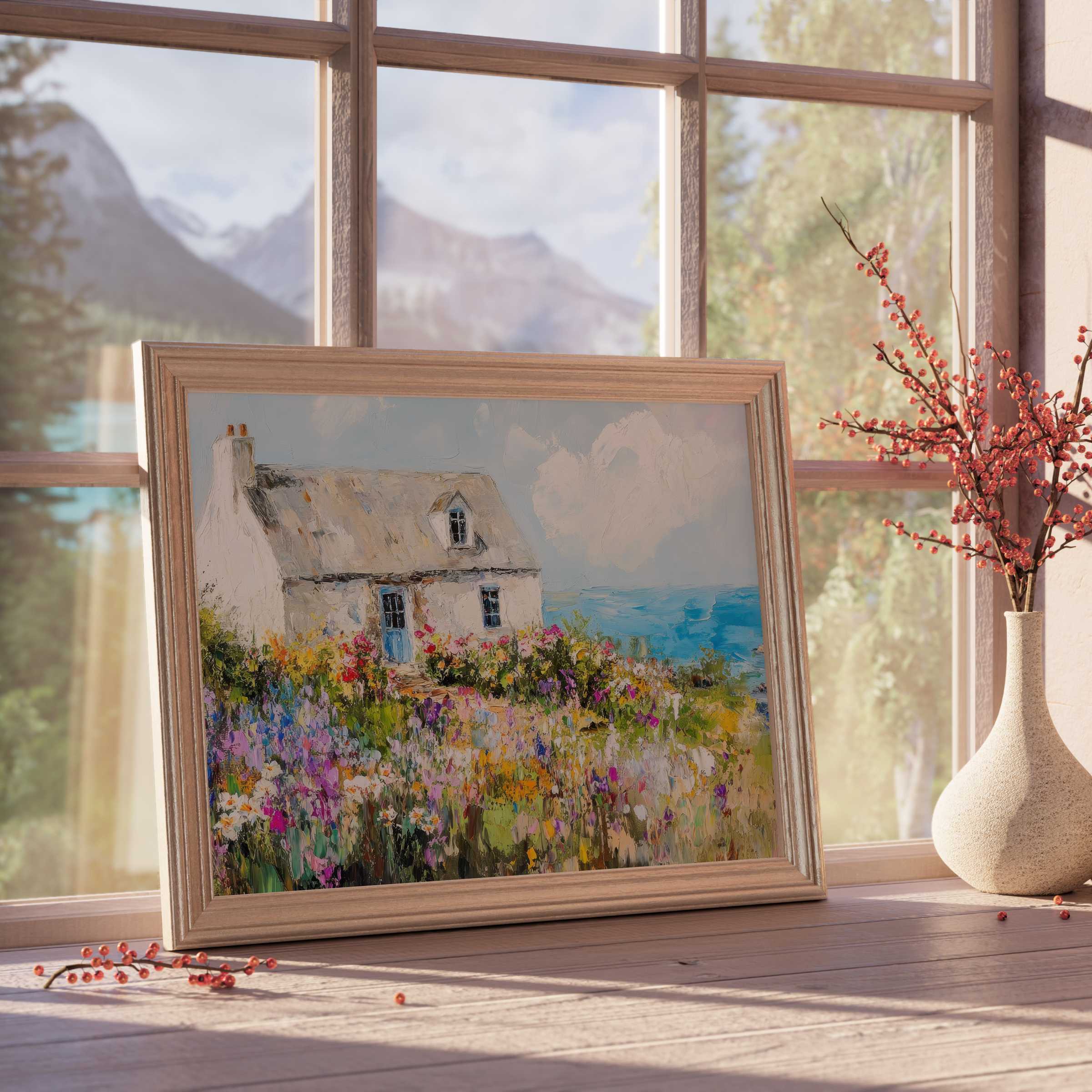 Coastal downloadable art capturing a serene cottage by vibrant wildflowers and tranquil ocean, perfect for curated luxe interiors
