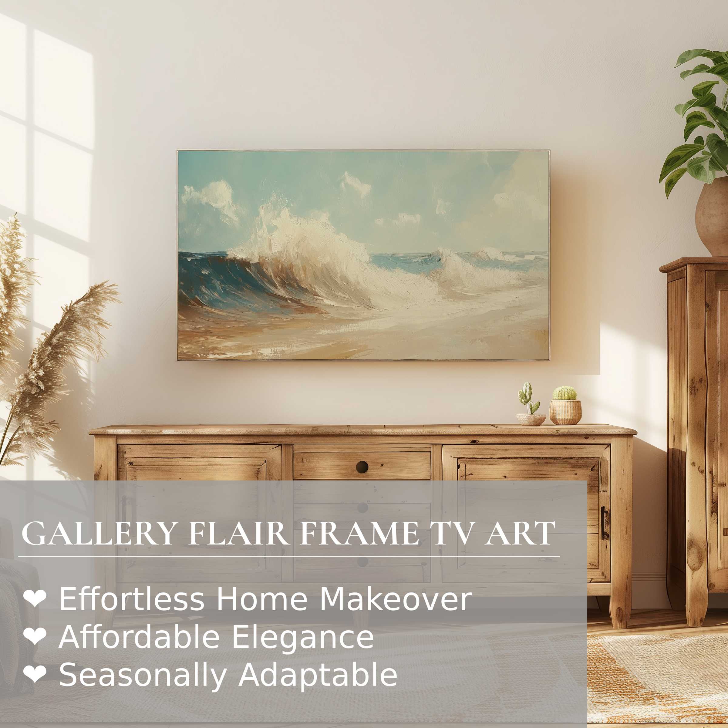 Samsung Frame TV displays refined summer digital artwork of ocean waves in a serene, modern living space