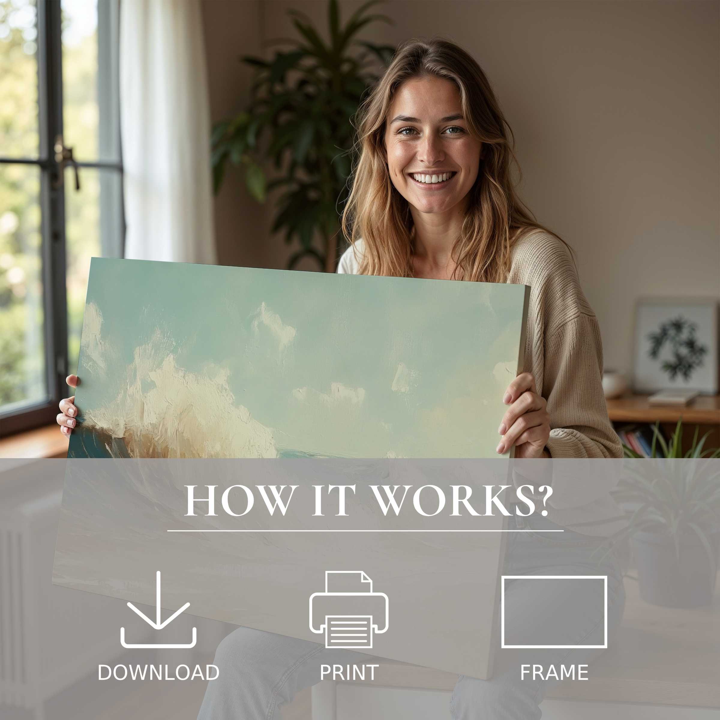 Radiant woman in a serene modern home embraces a summer digital art print, embodying joy and effortless elegance