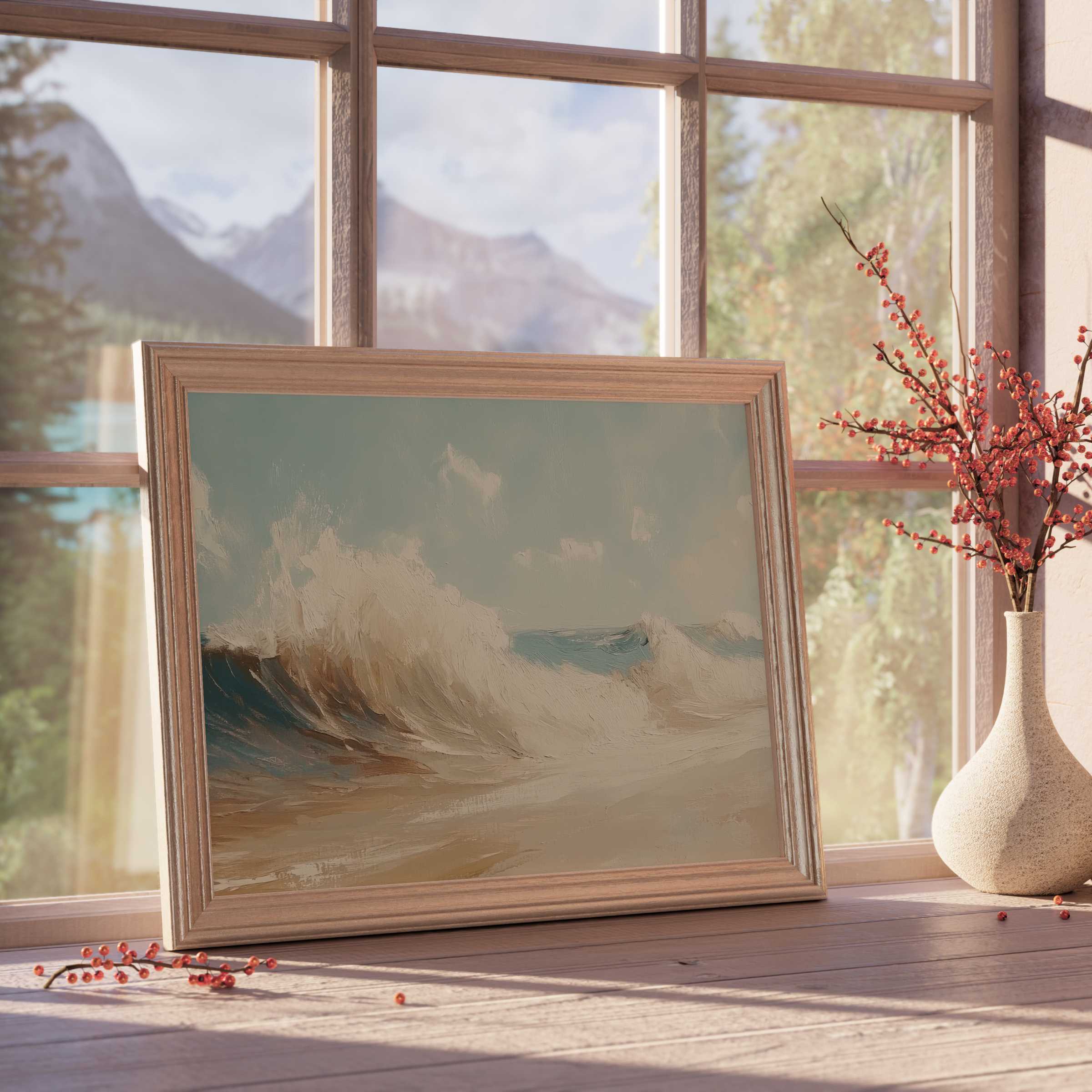 Summer downloadable art capturing serene ocean waves in soft pastels, elevating tranquil, curated interiors with coastal elegance