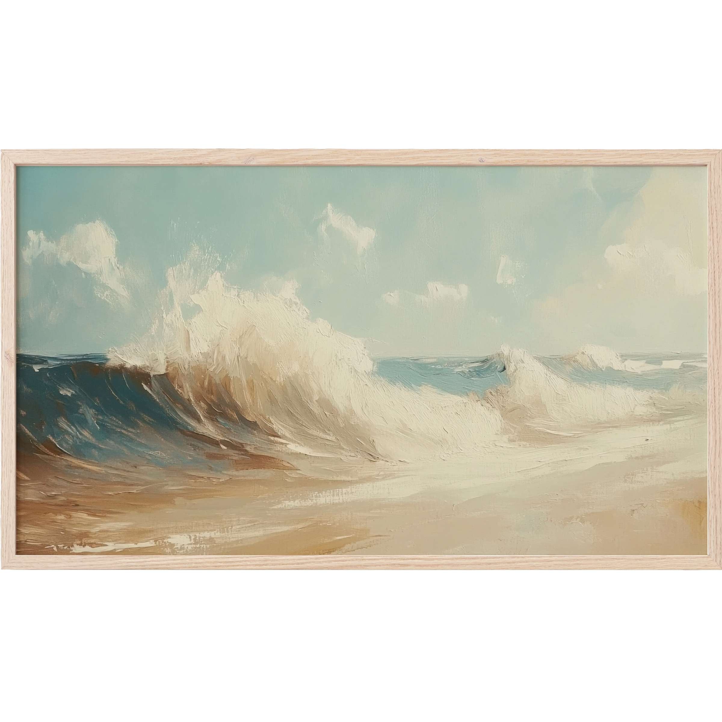 Elegant seascape with soft blues, creams, and sandy tones in textured brushstrokes, summer Frame TV Art